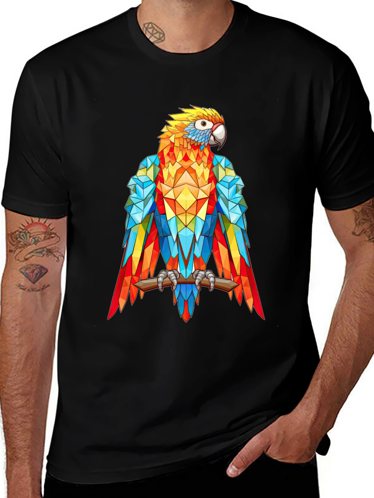Geometric Parrot Graphic Print T-Shirt - Black