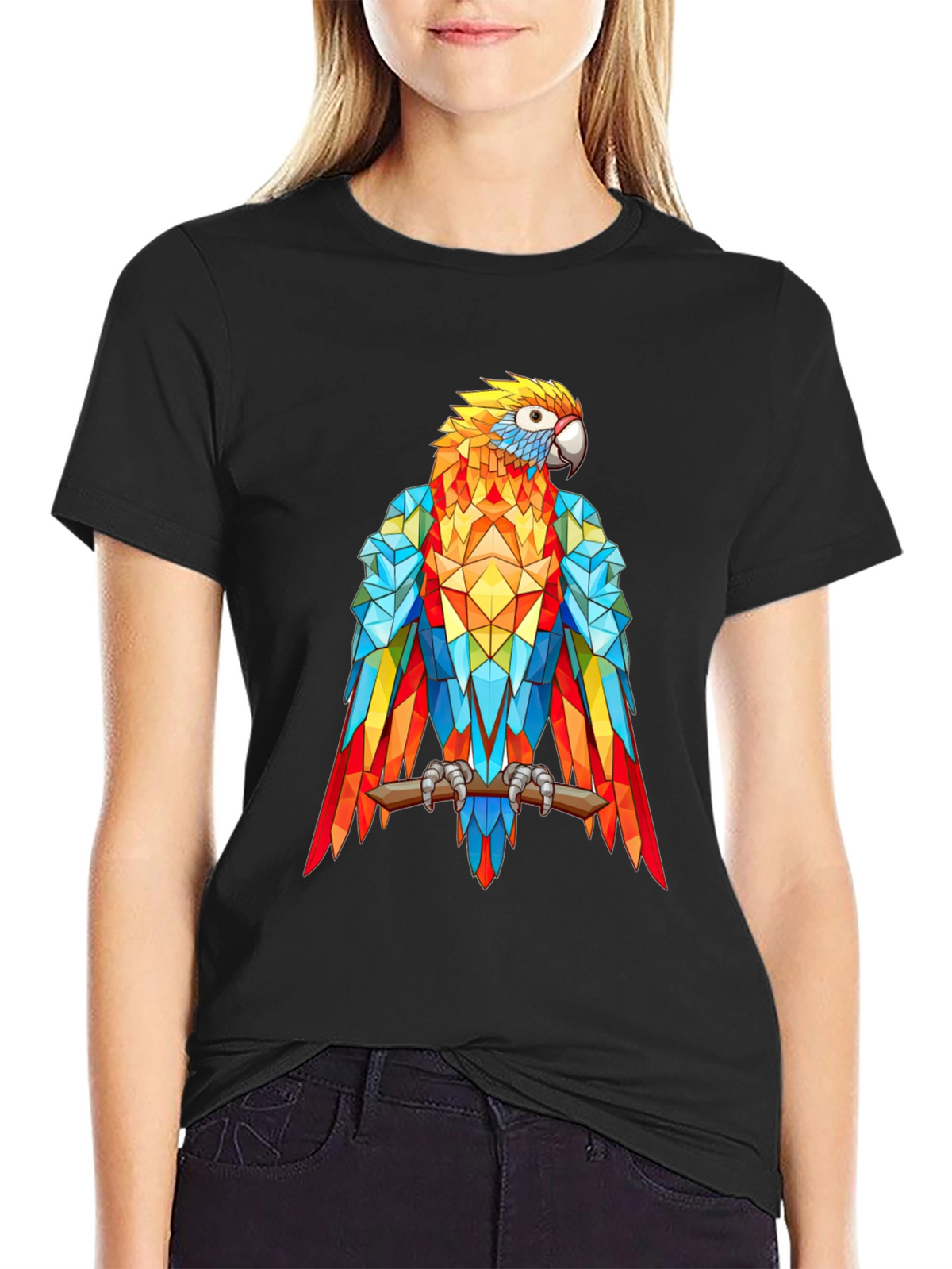 Geometric Parrot Graphic Print T-Shirt - Black