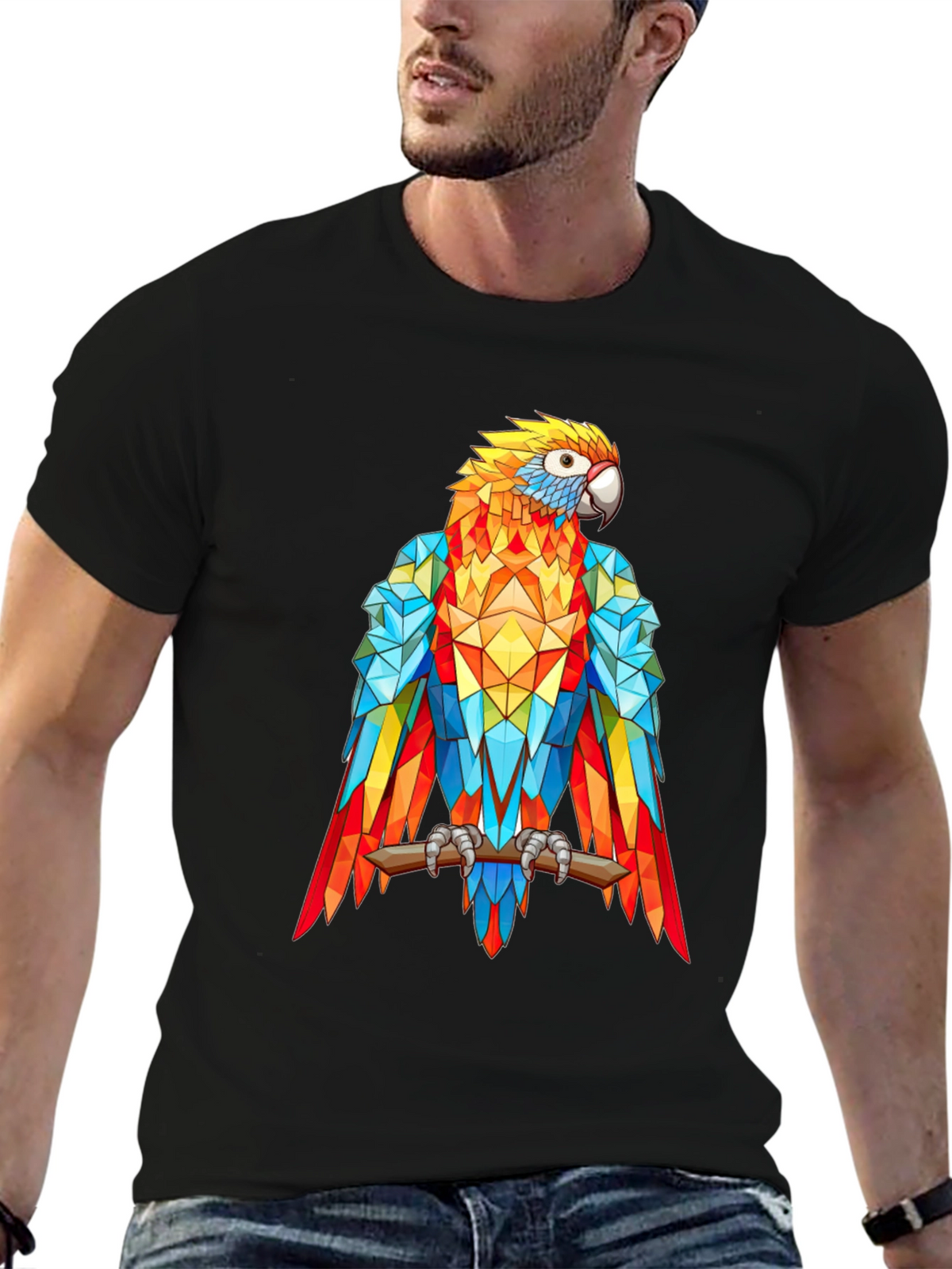 Geometric Parrot Graphic Print T-Shirt - Black
