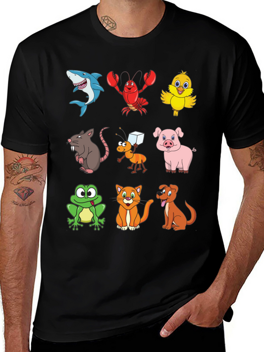 Cartoon Animal Print Black T-Shirt