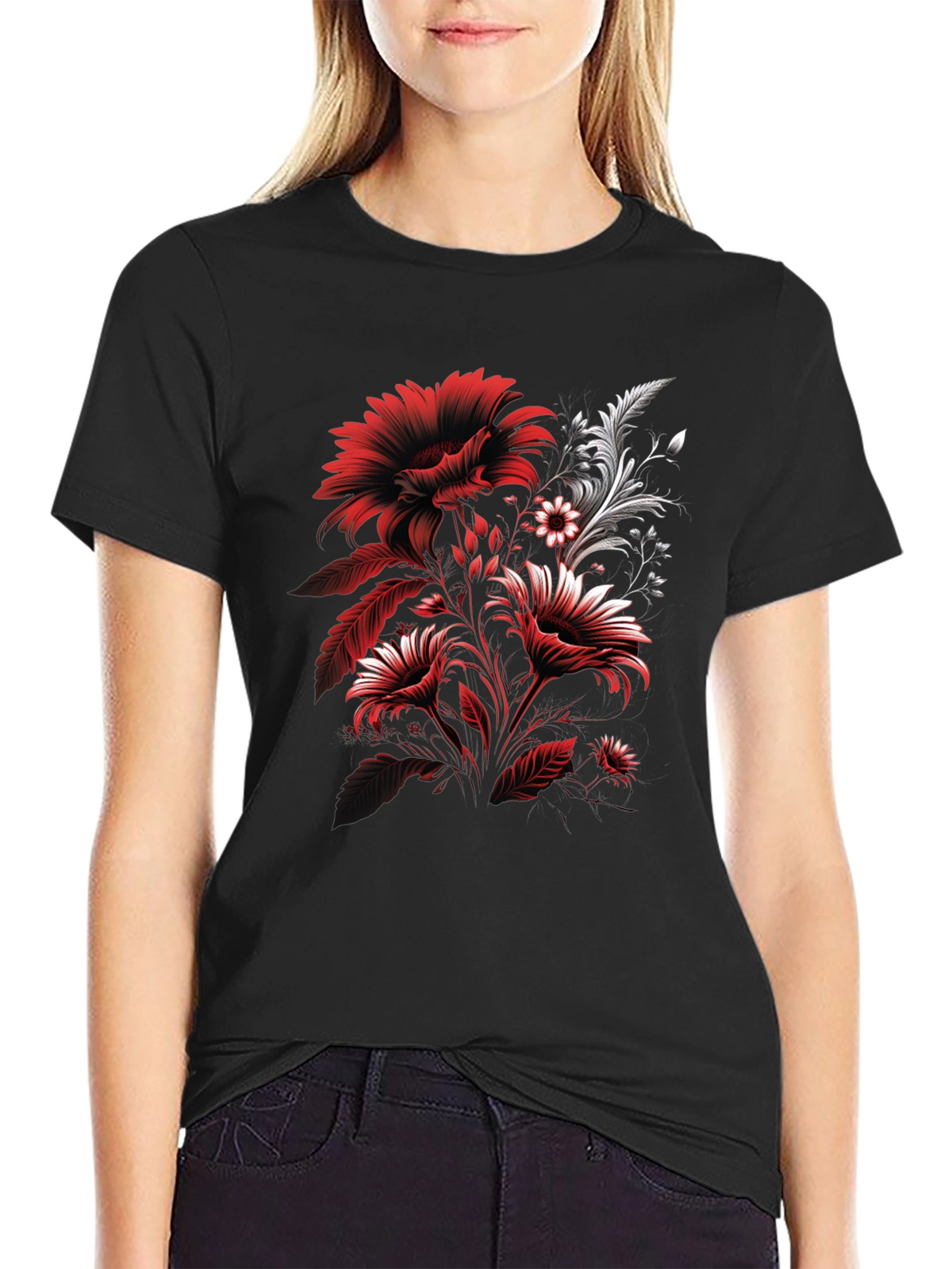 Floral Graphic T-Shirt: Red & White Flower Design