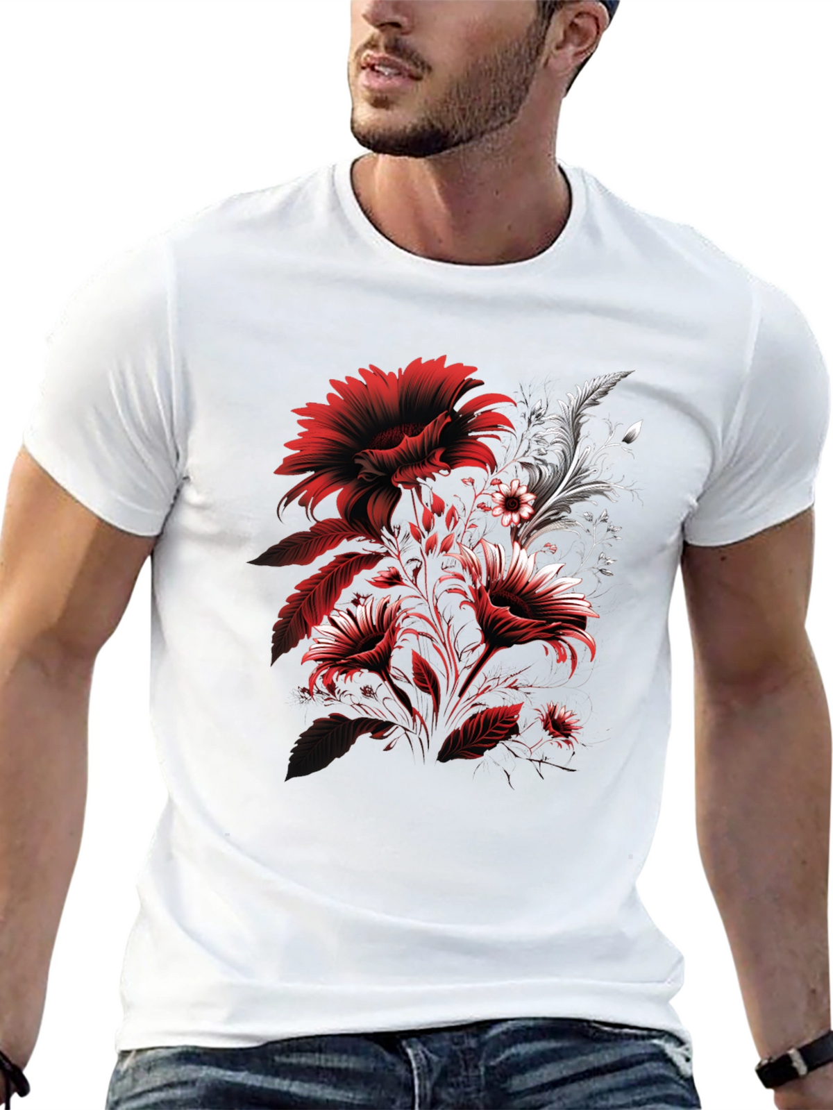 Floral Graphic T-Shirt: Red & White Flower Design