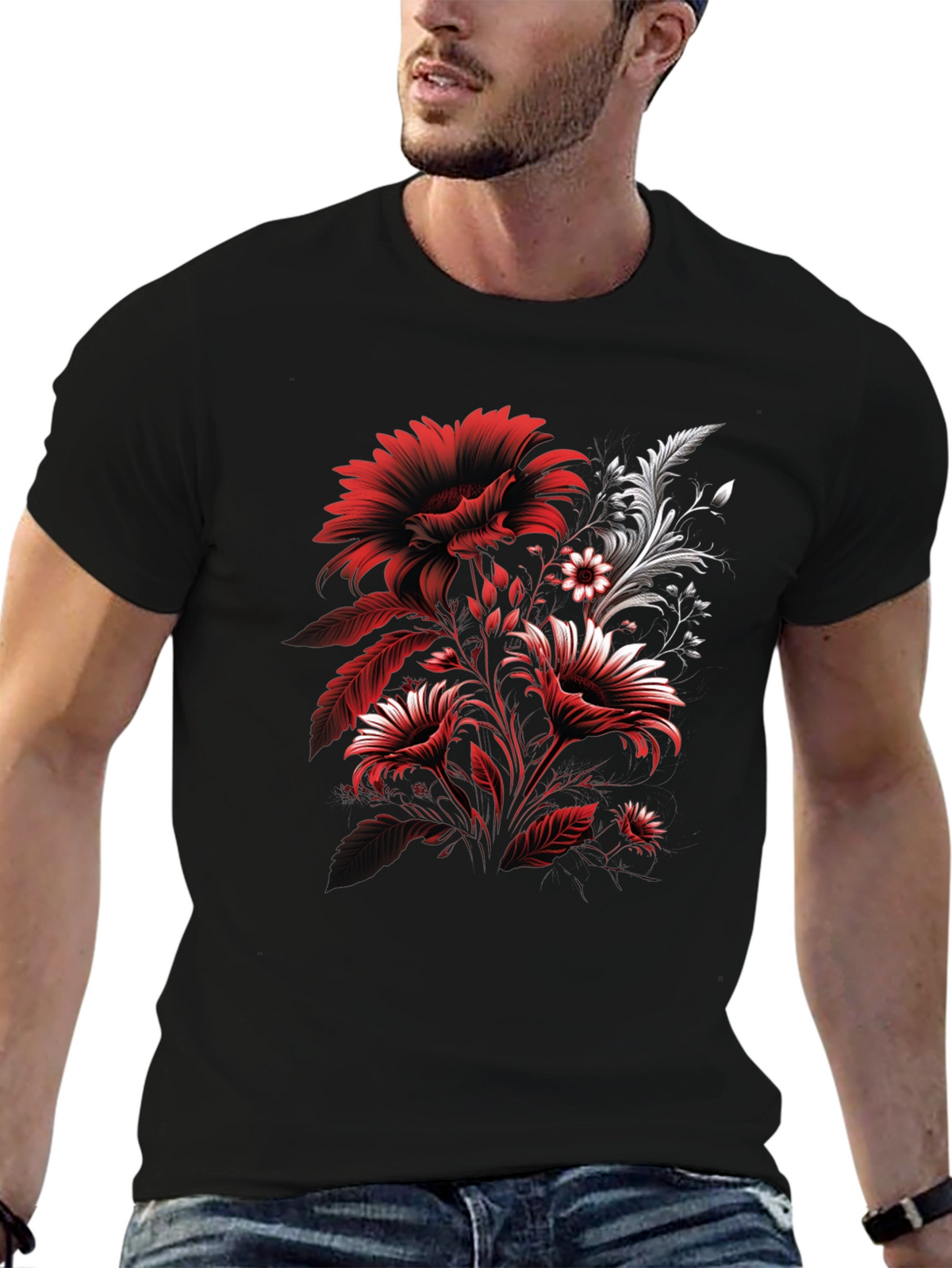Floral Graphic T-Shirt: Red & White Flower Design