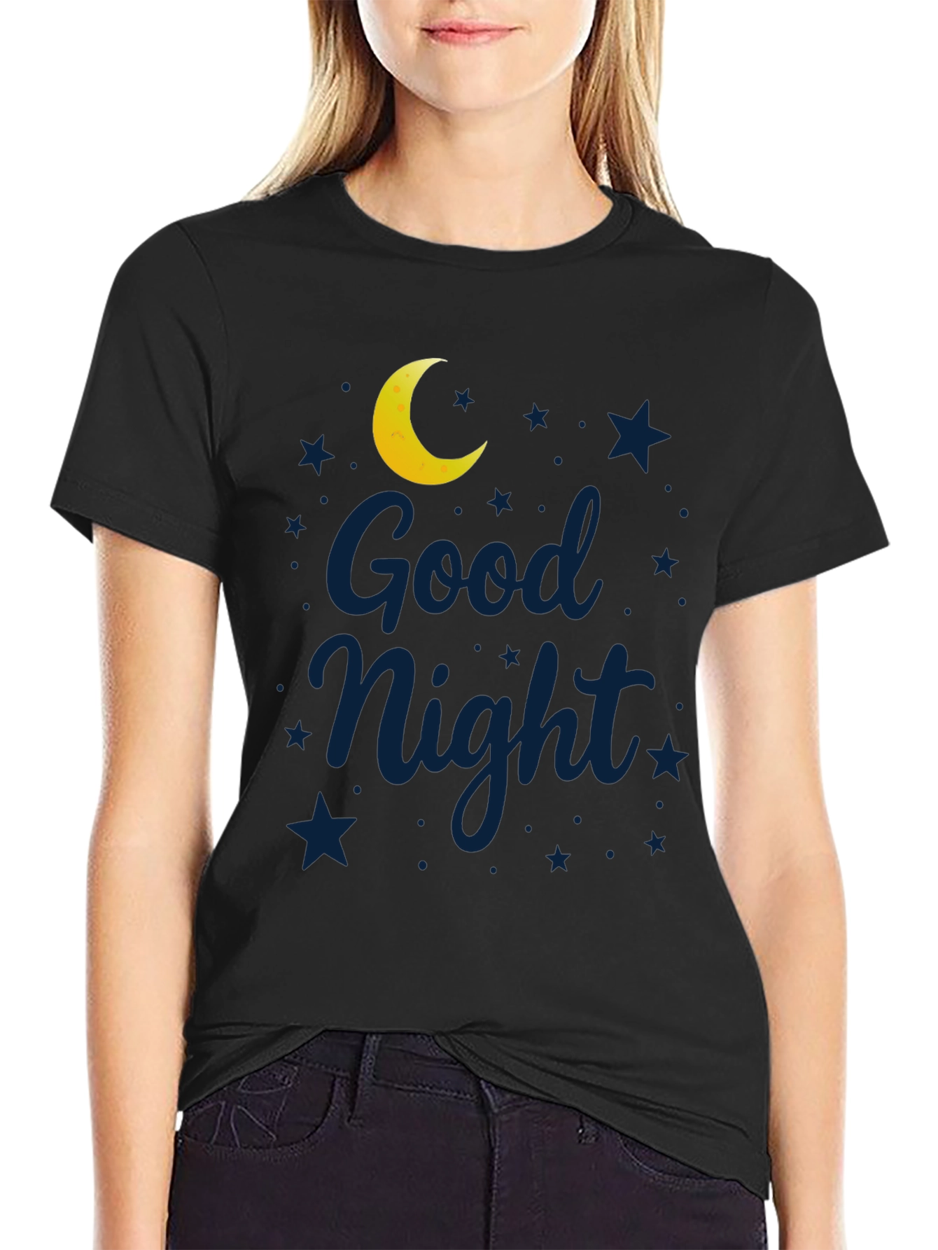 Good Night Moon & Stars Graphic Black T-Shirt