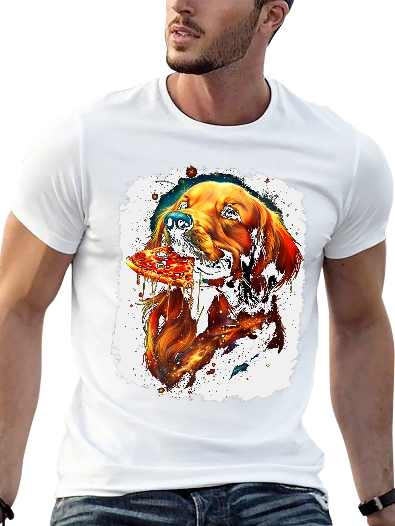 Dog Eating Pizza Graphic Black T-Shirt