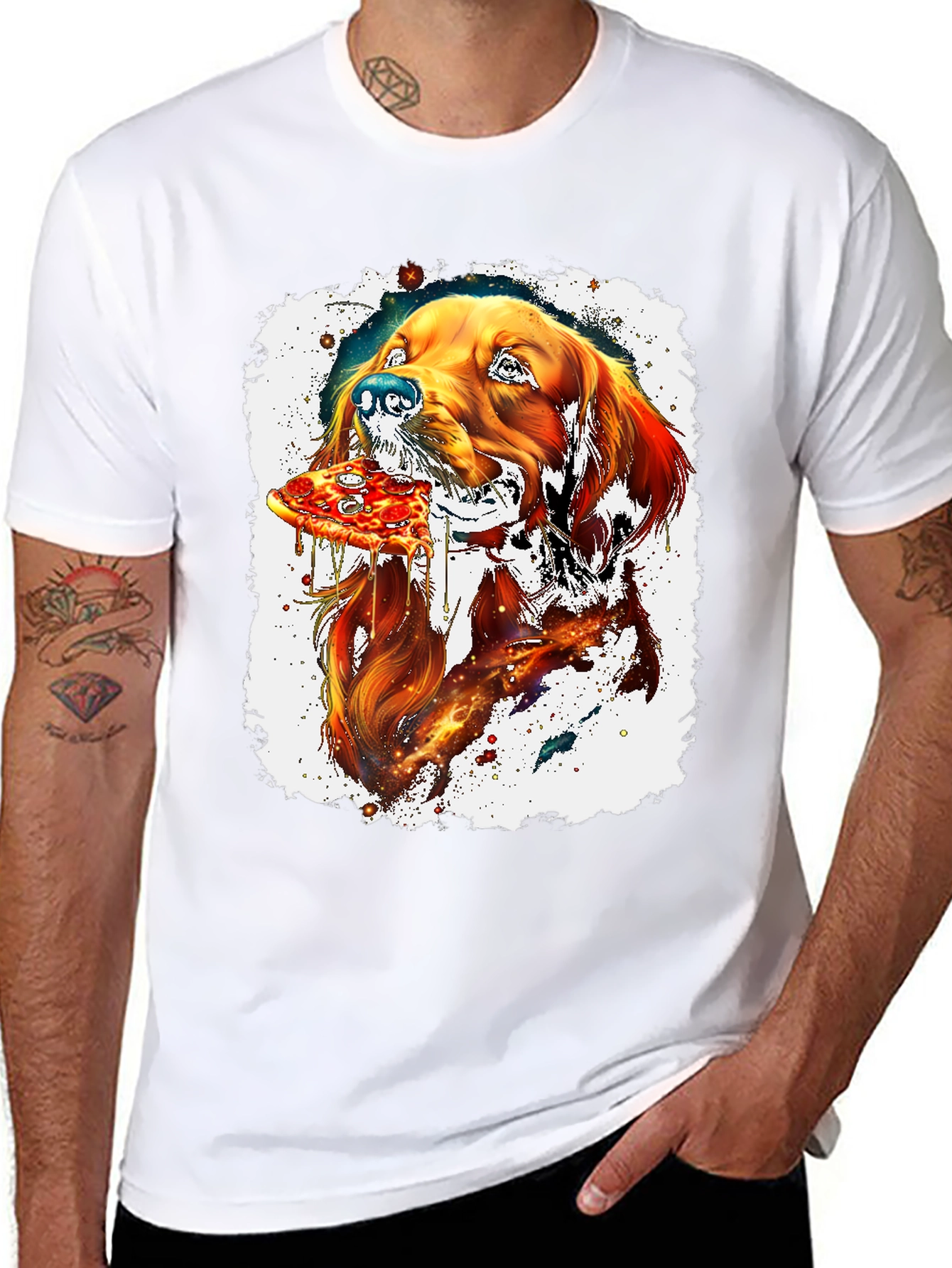 Dog Eating Pizza Graphic Black T-Shirt