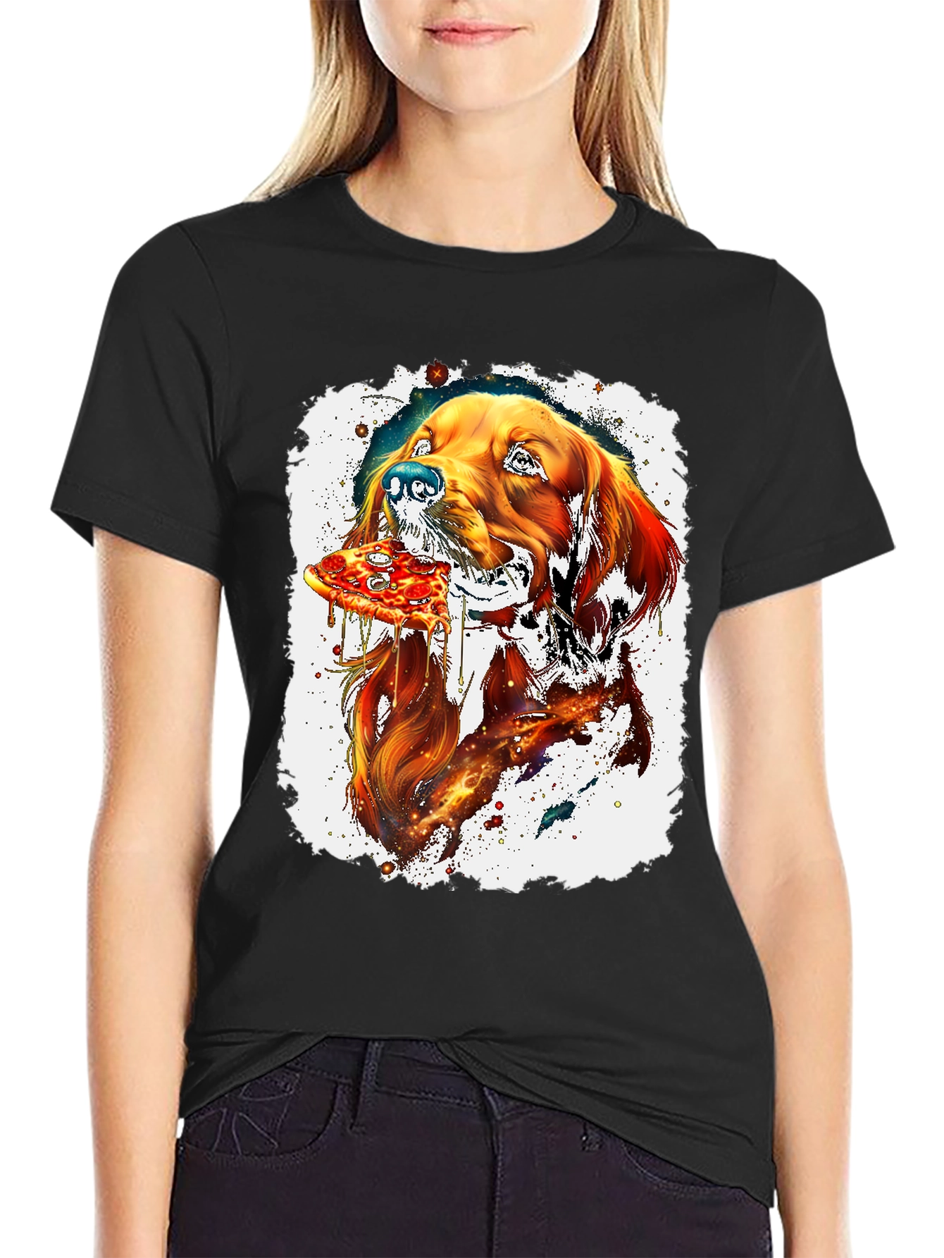 Dog Eating Pizza Graphic Black T-Shirt