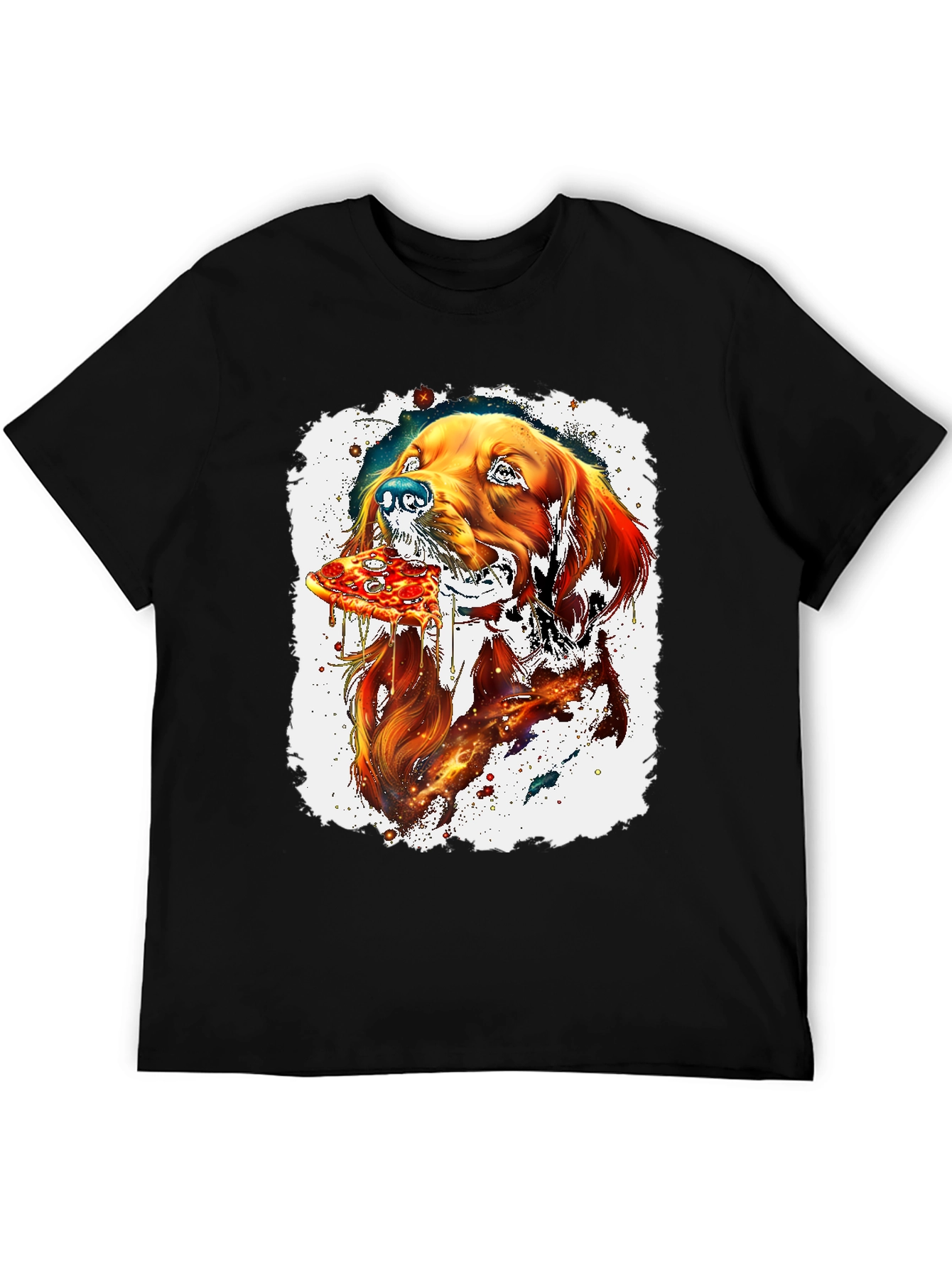Dog Eating Pizza Graphic Black T-Shirt