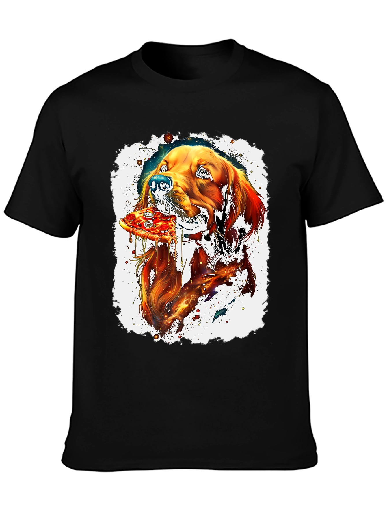 Dog Eating Pizza Graphic Black T-Shirt