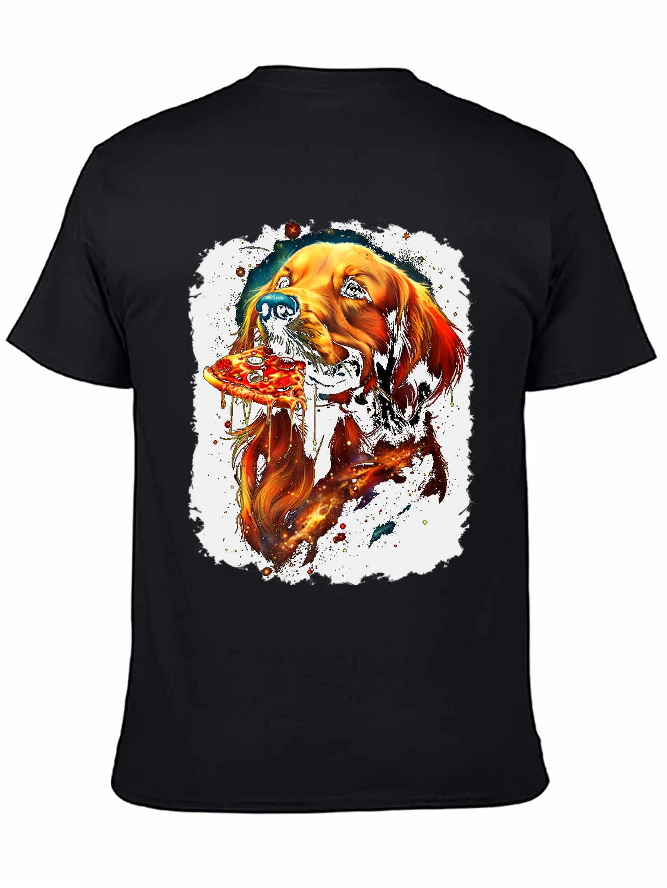 Dog Eating Pizza Graphic Black T-Shirt