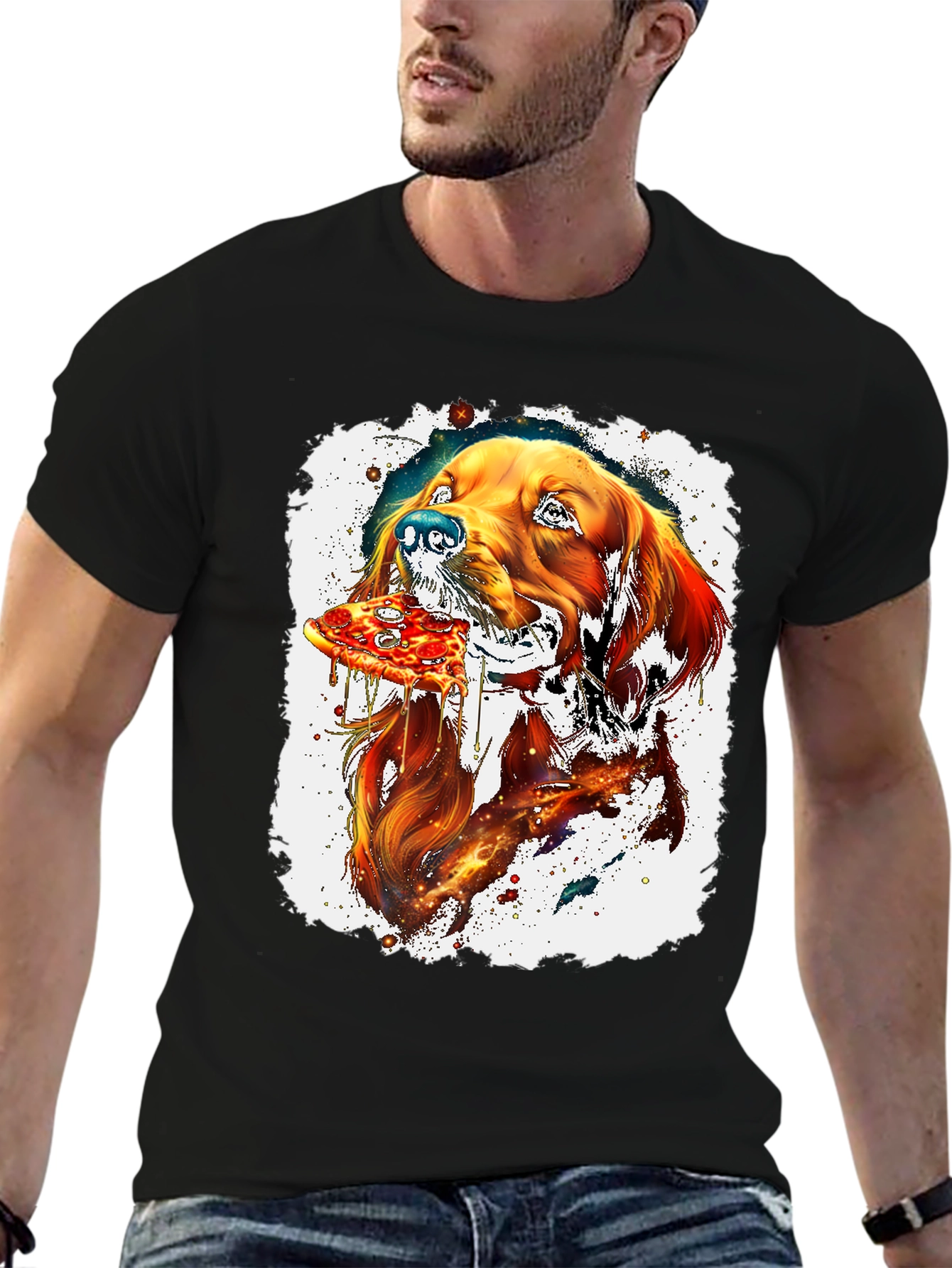 Dog Eating Pizza Graphic Black T-Shirt