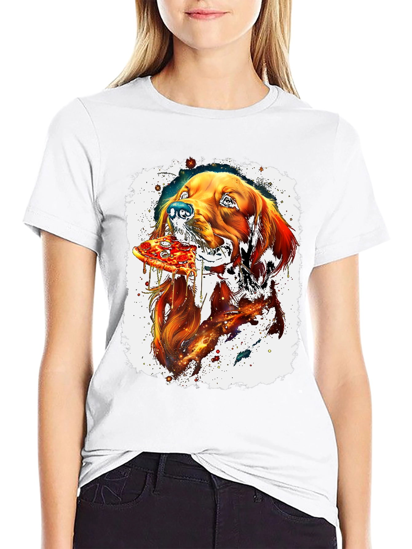 Dog Eating Pizza Graphic Black T-Shirt