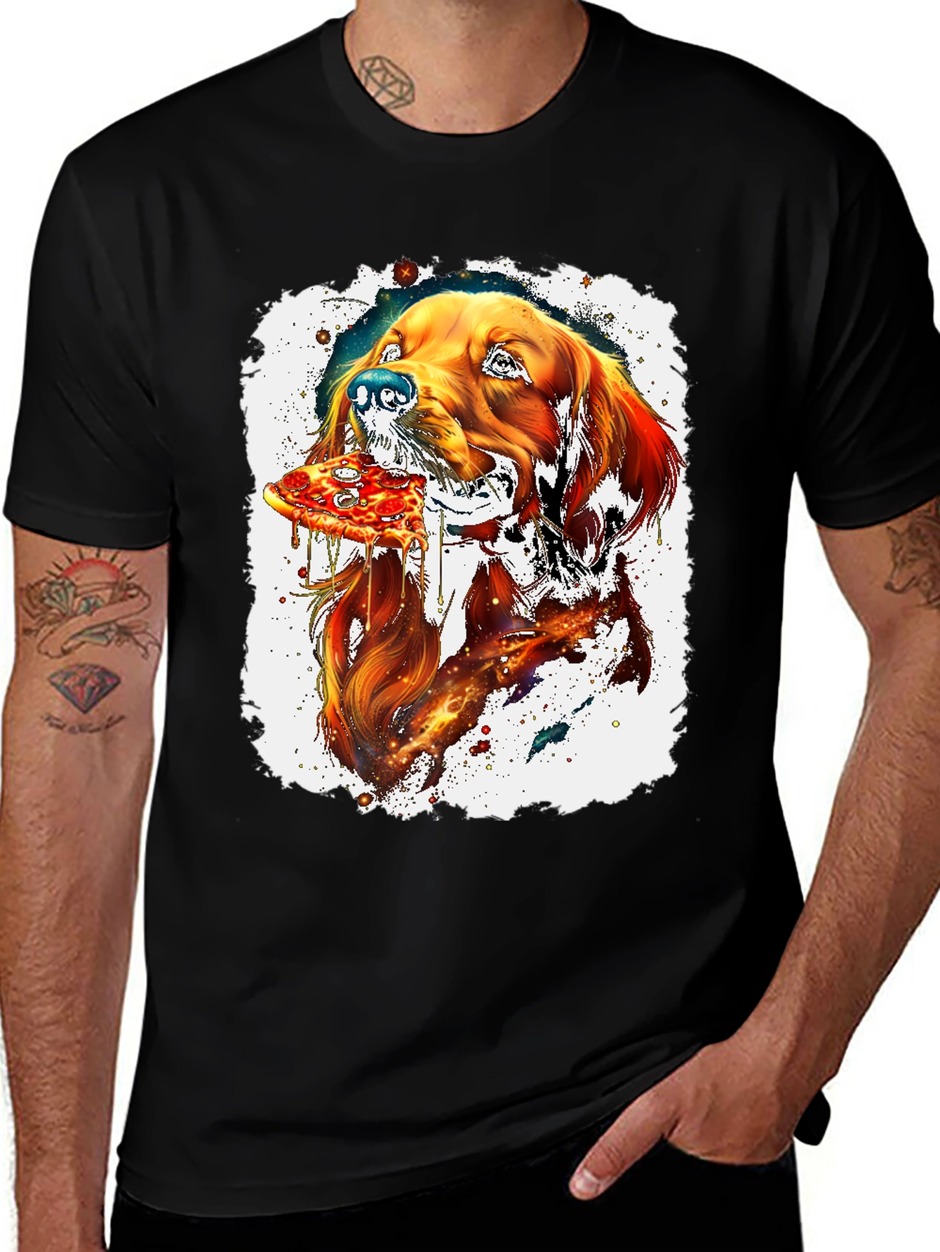 Dog Eating Pizza Graphic Black T-Shirt