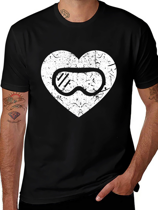 Ski Goggles Heart Graphic Tee - Black Casual T-Shirt