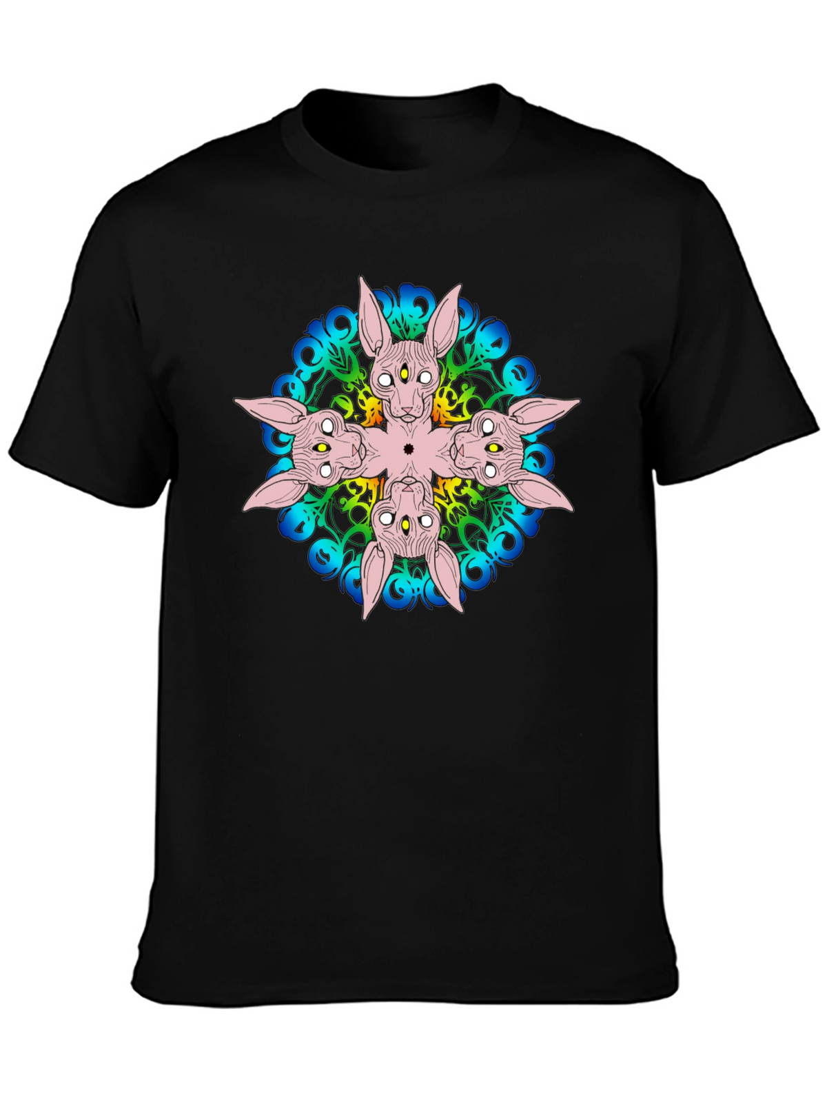 Unique Black T-Shirt with Abstract Cat Design