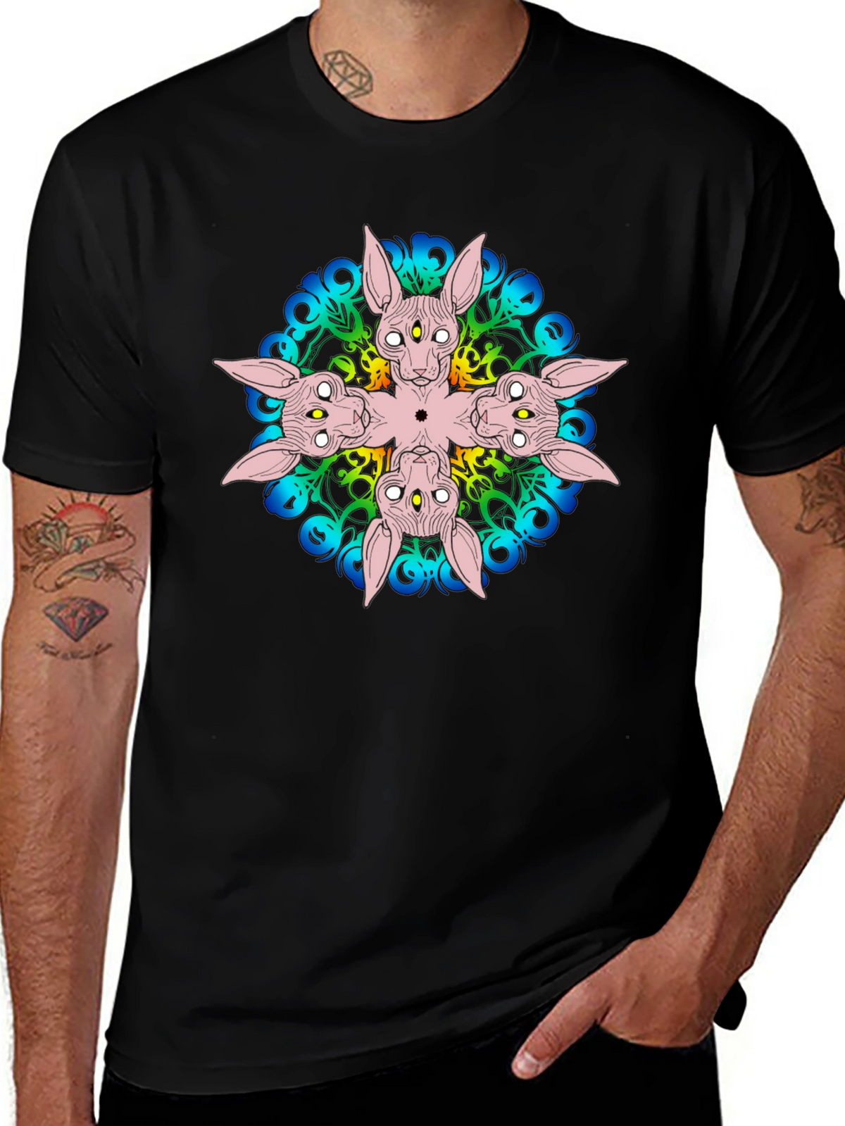 Unique Black T-Shirt with Abstract Cat Design