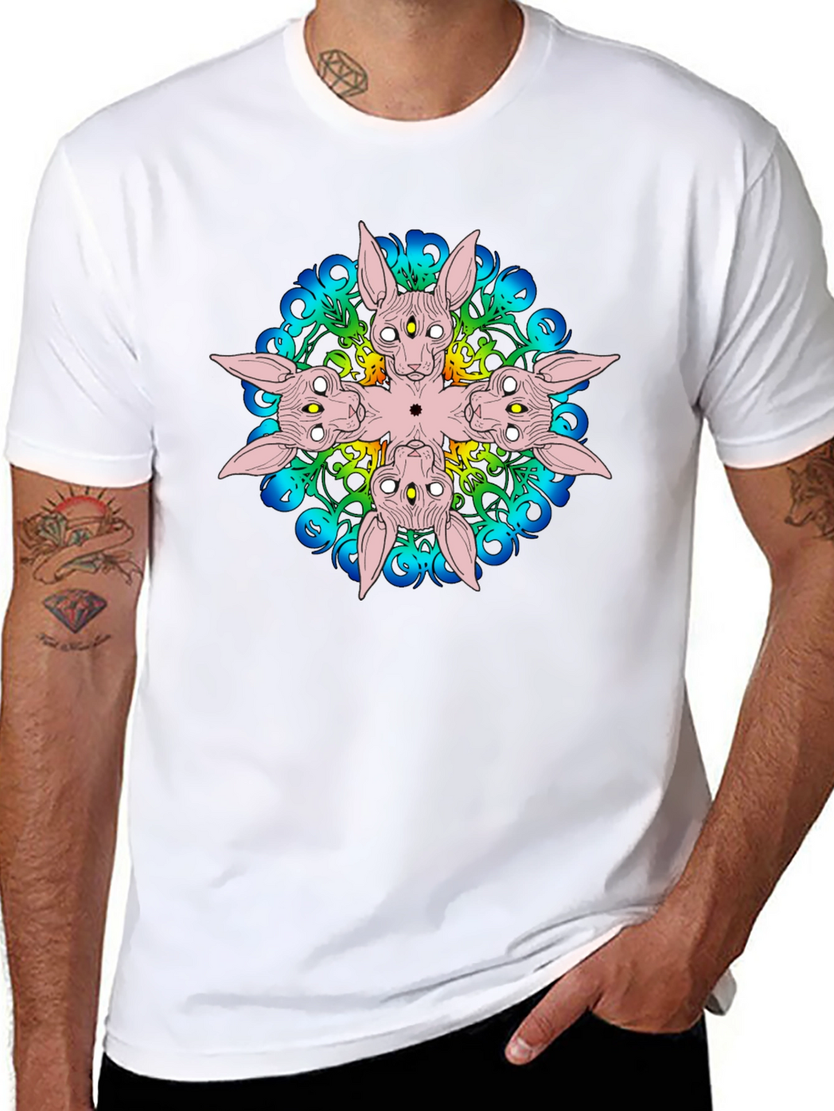 Unique Black T-Shirt with Abstract Cat Design