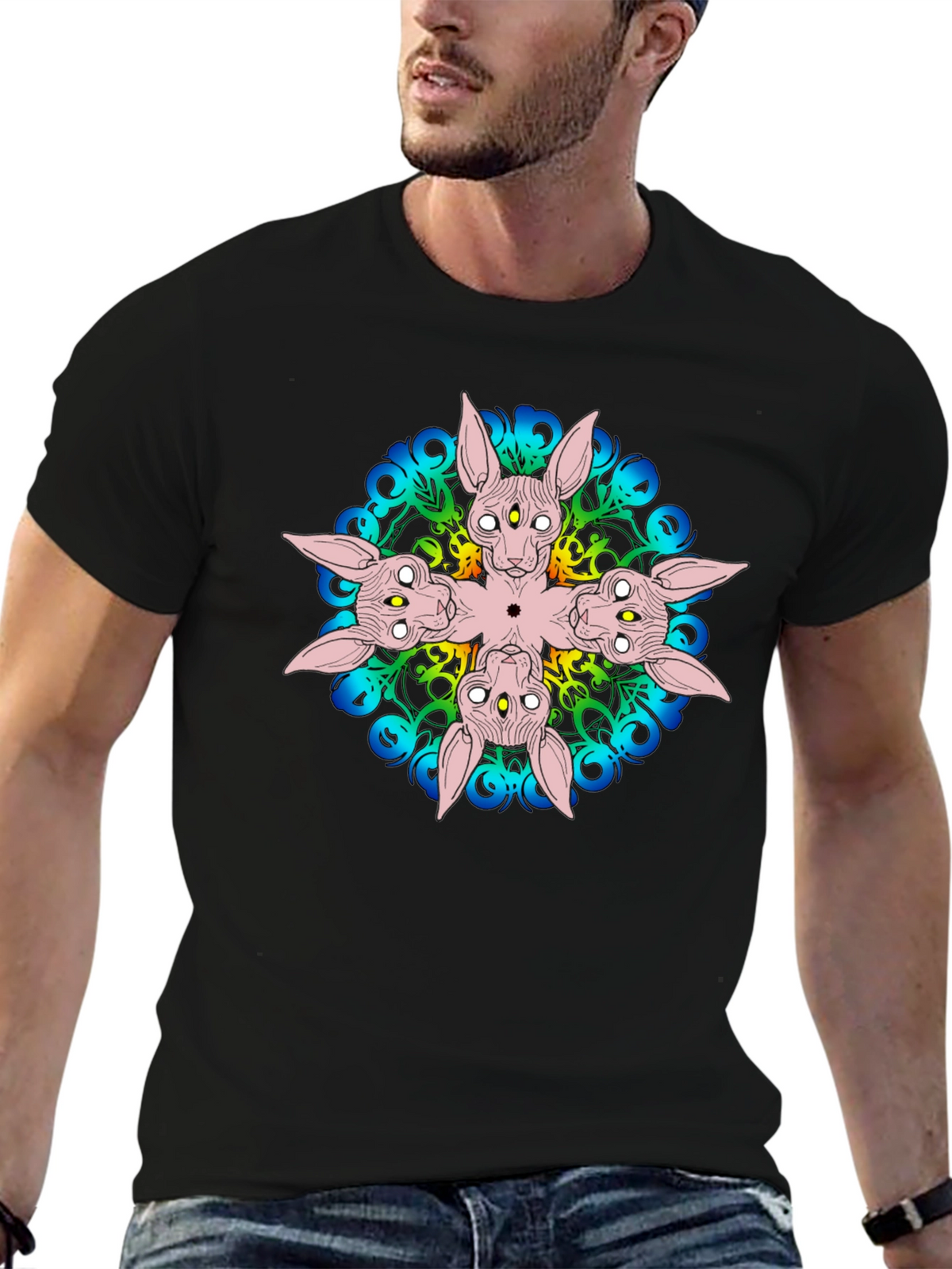 Unique Black T-Shirt with Abstract Cat Design