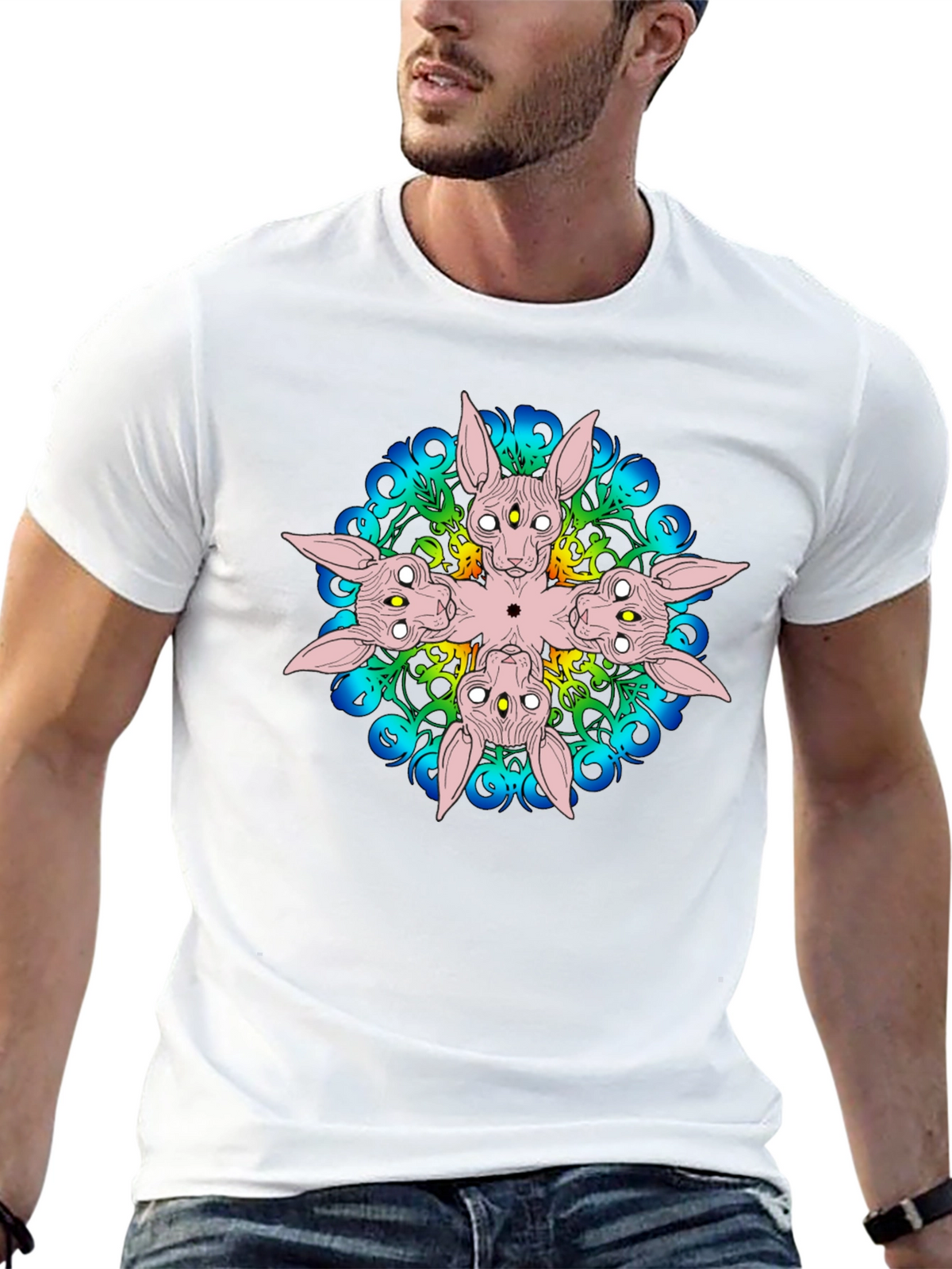 Unique Black T-Shirt with Abstract Cat Design