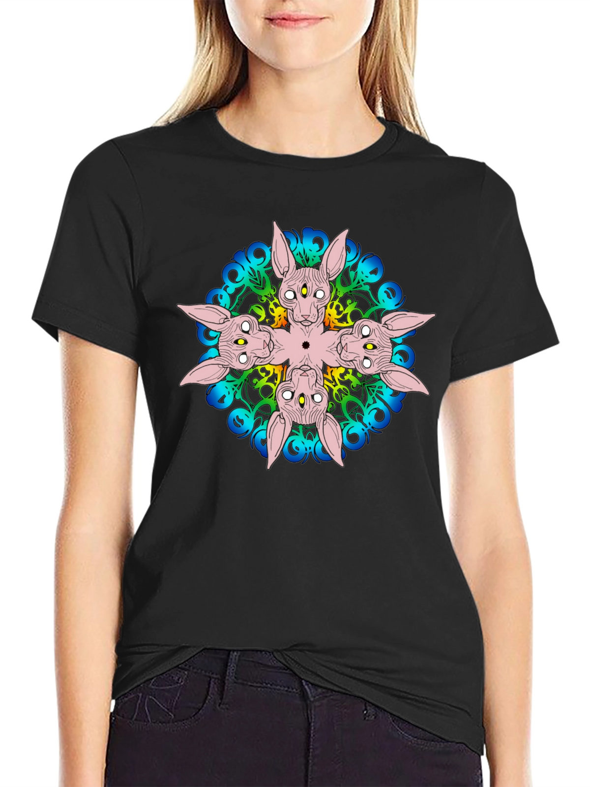 Unique Black T-Shirt with Abstract Cat Design