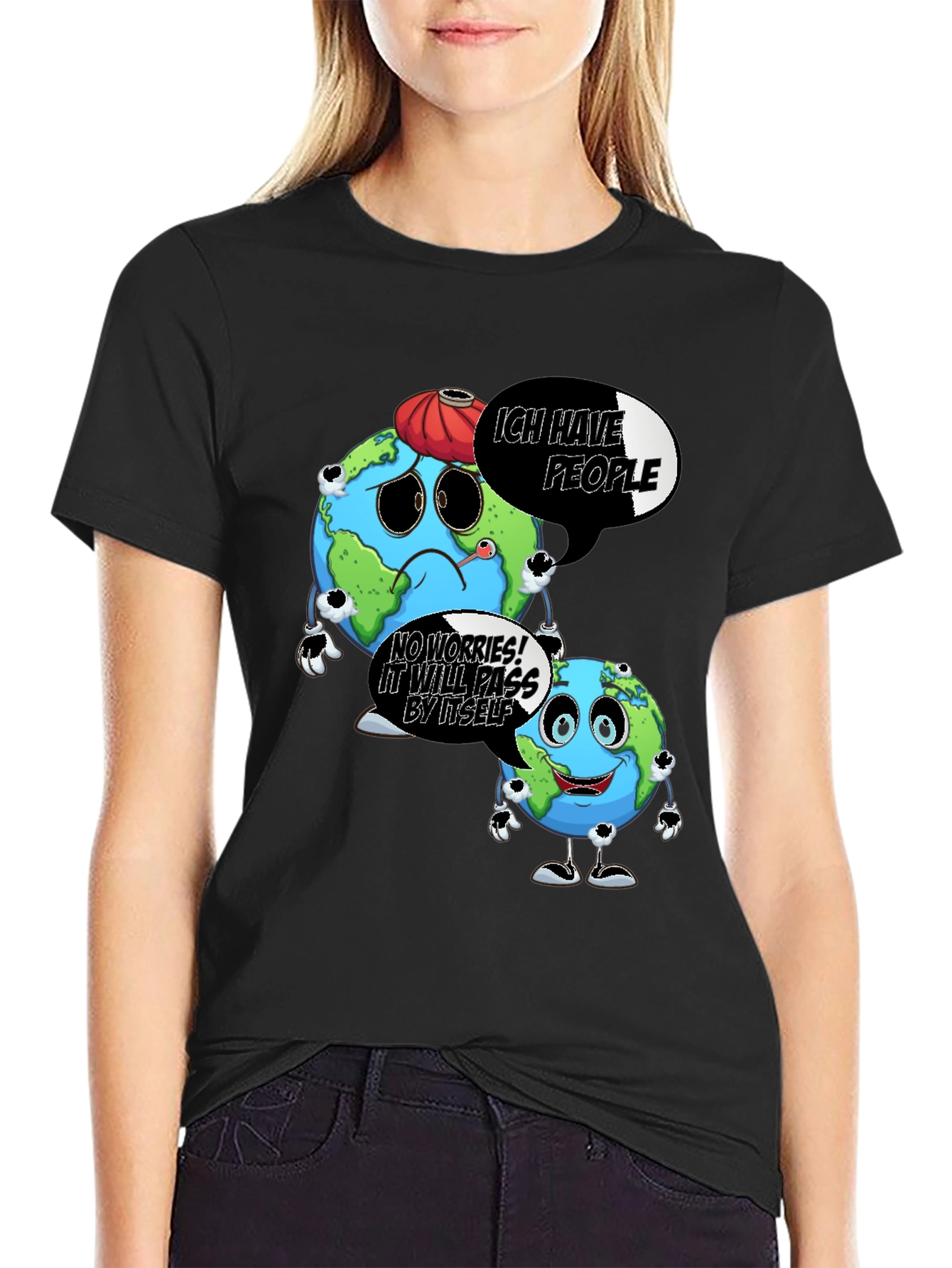 Cartoon Earth Graphic Black T-Shirt