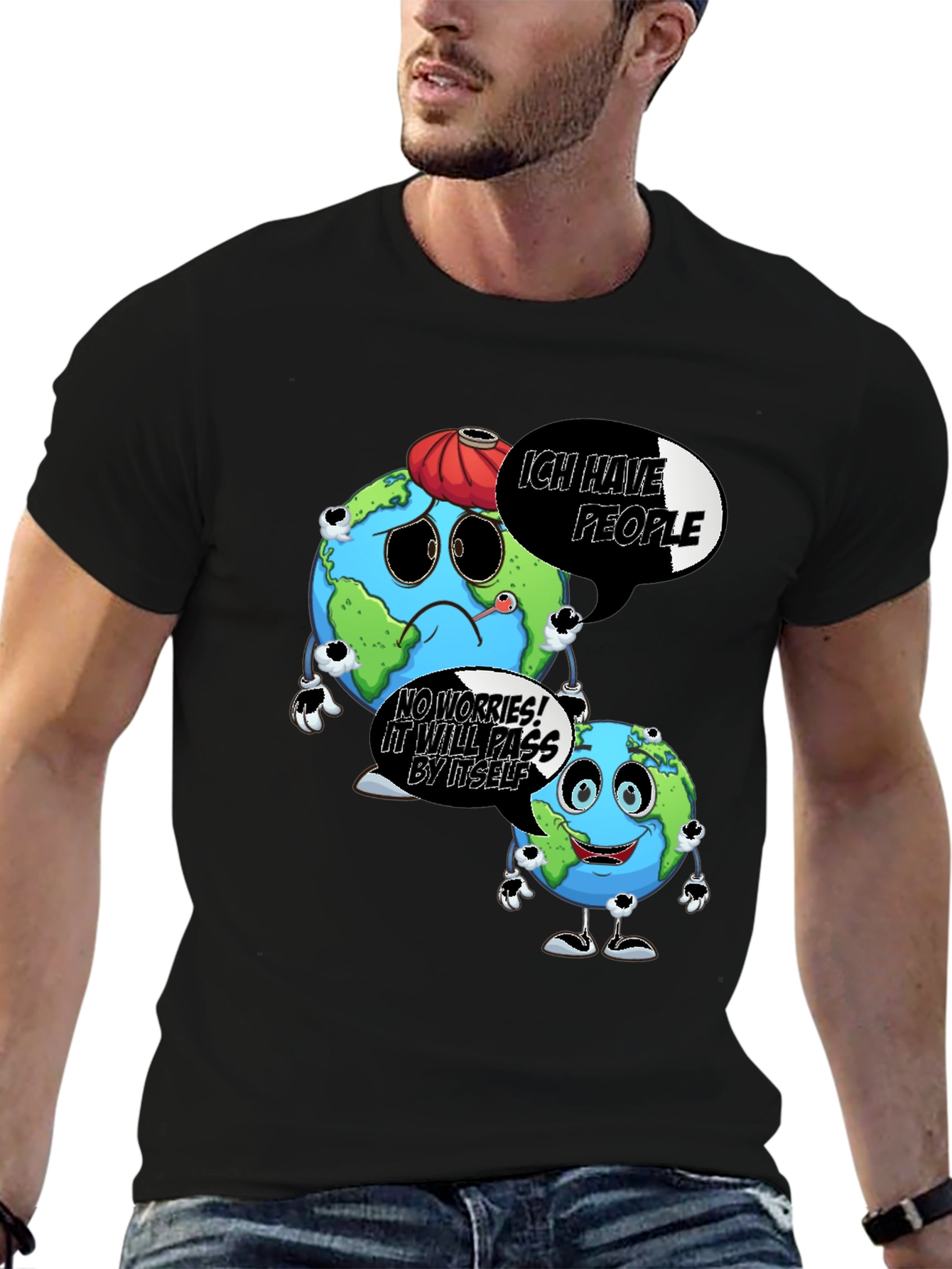 Cartoon Earth Graphic Black T-Shirt