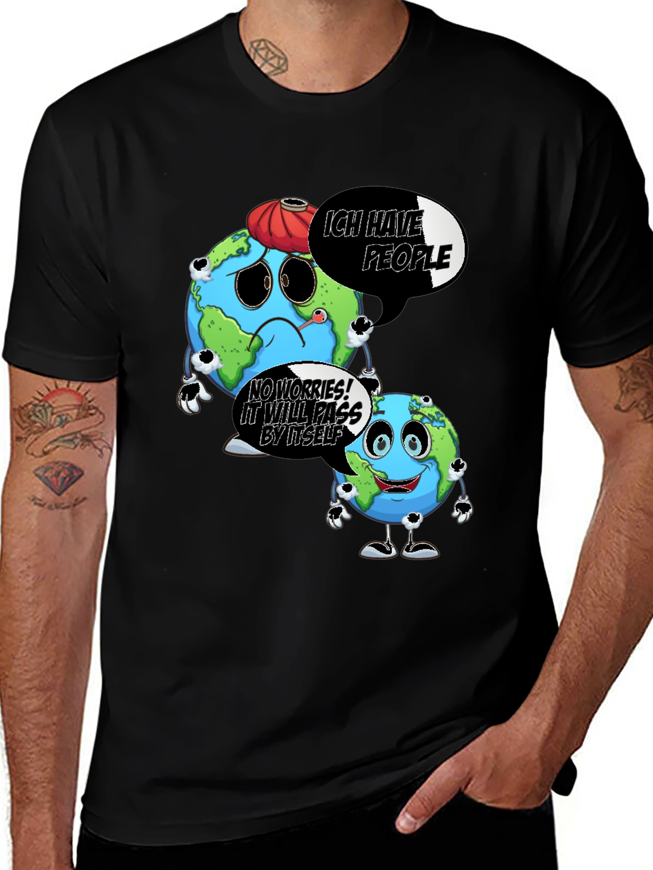 Cartoon Earth Graphic Black T-Shirt
