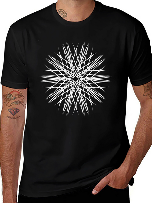 Abstract Geometric White Print Black T-Shirt