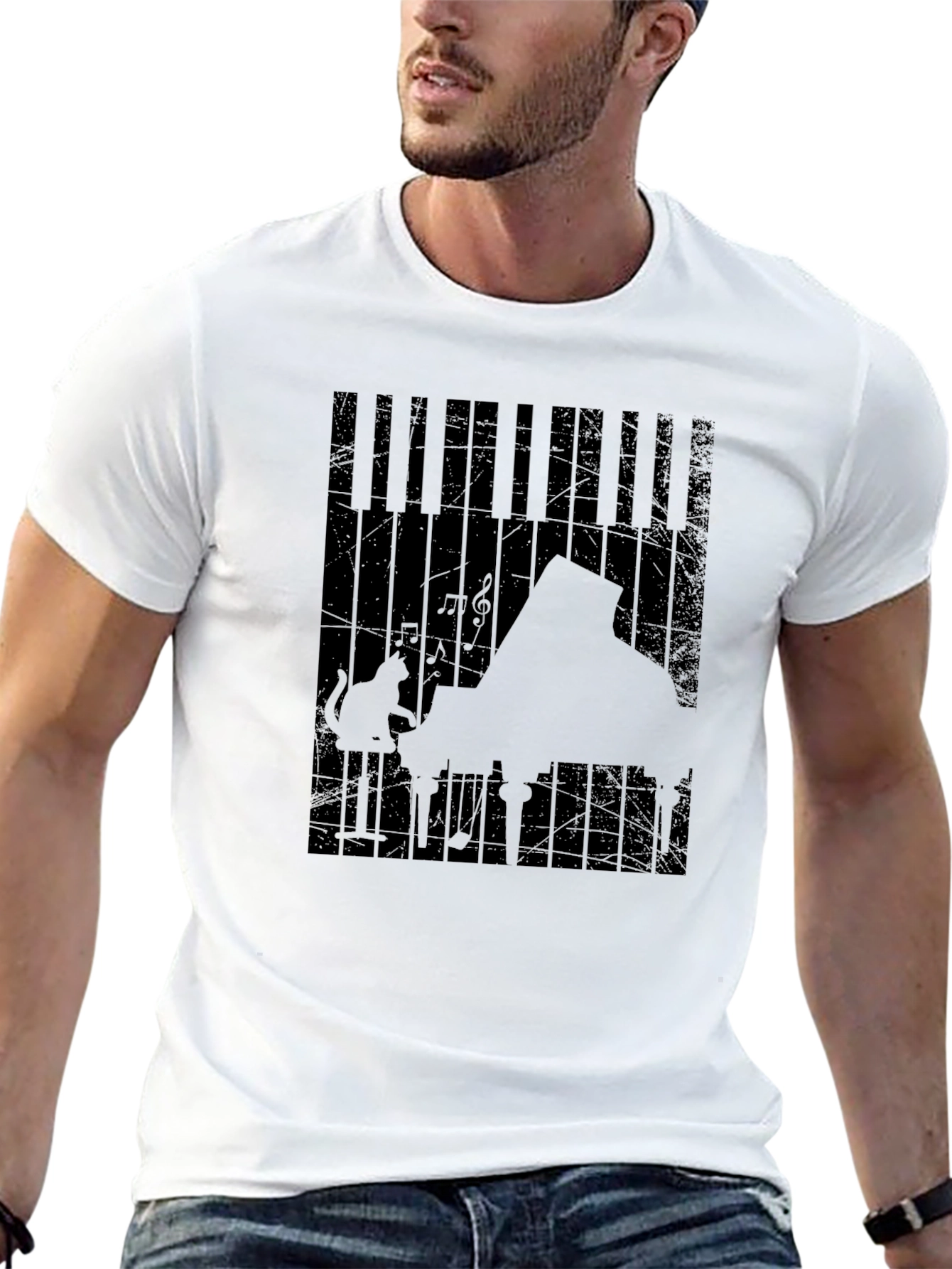 Piano Cat Graphic Tee - Music Lover T-Shirt