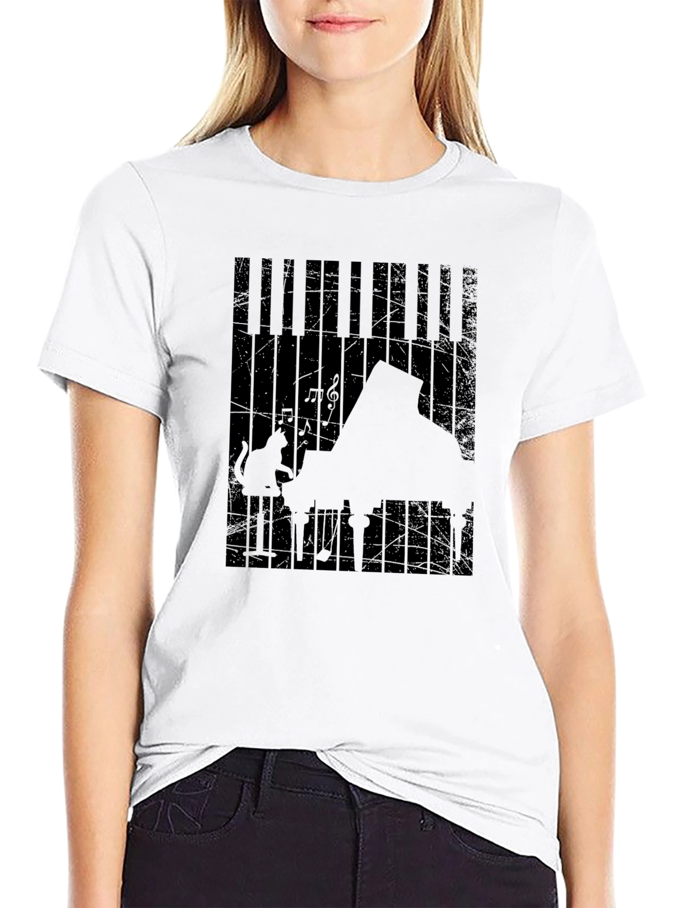 Piano Cat Graphic Tee - Music Lover T-Shirt