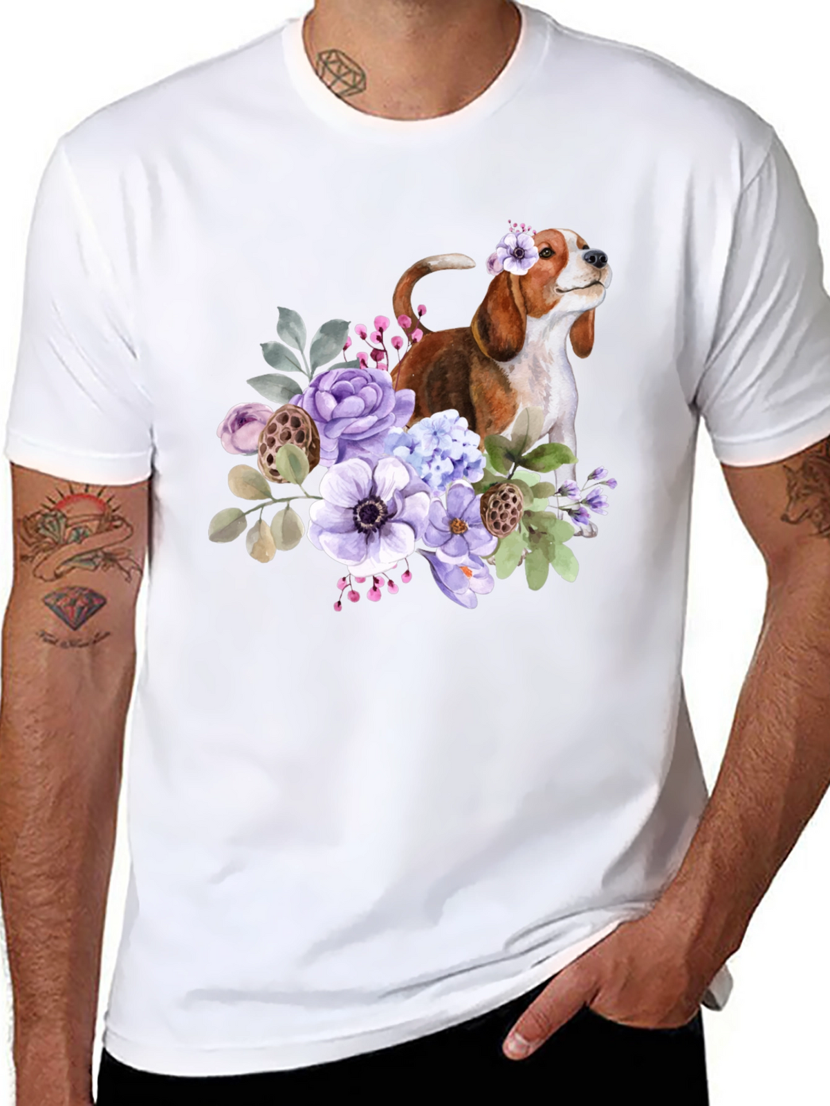Floral Beagle Dog Graphic T-Shirt
