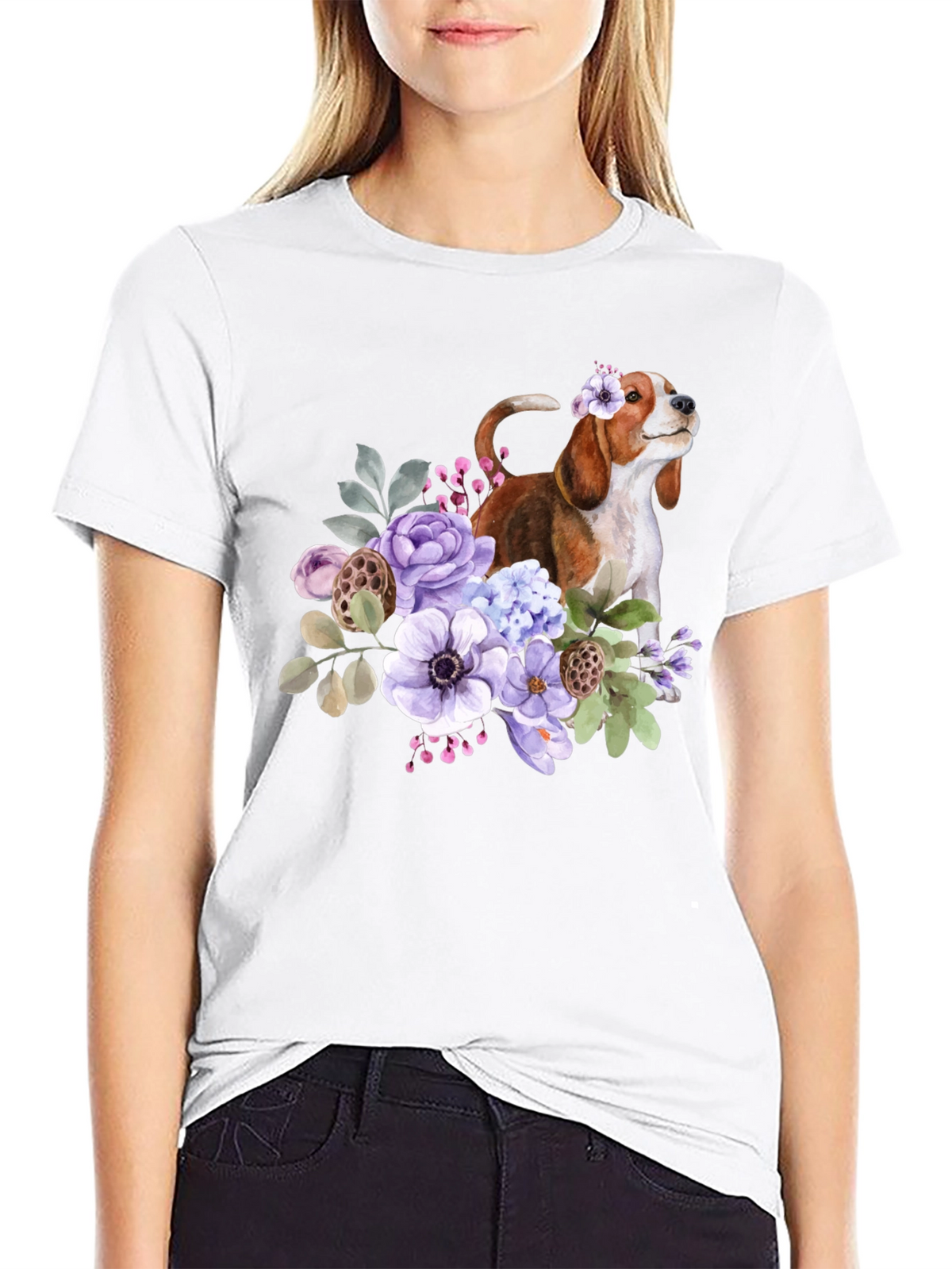 Floral Beagle Dog Graphic T-Shirt