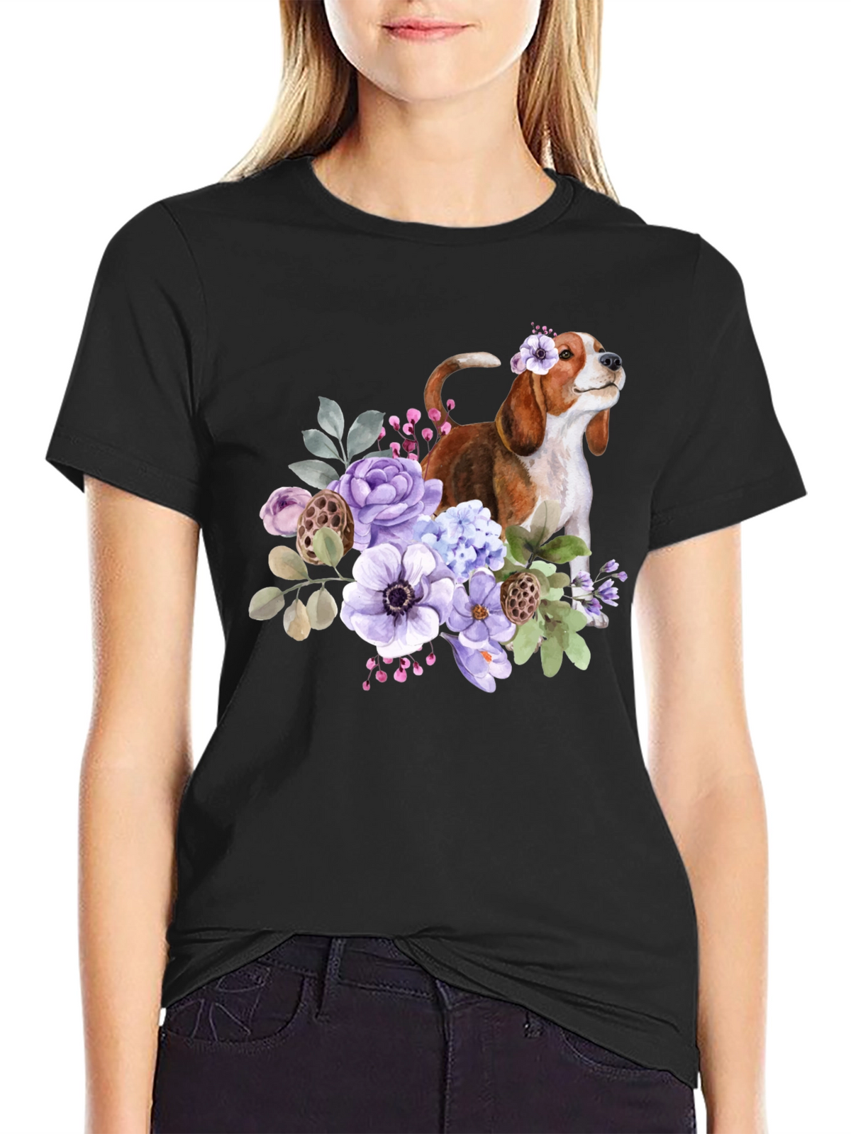 Floral Beagle Dog Graphic T-Shirt