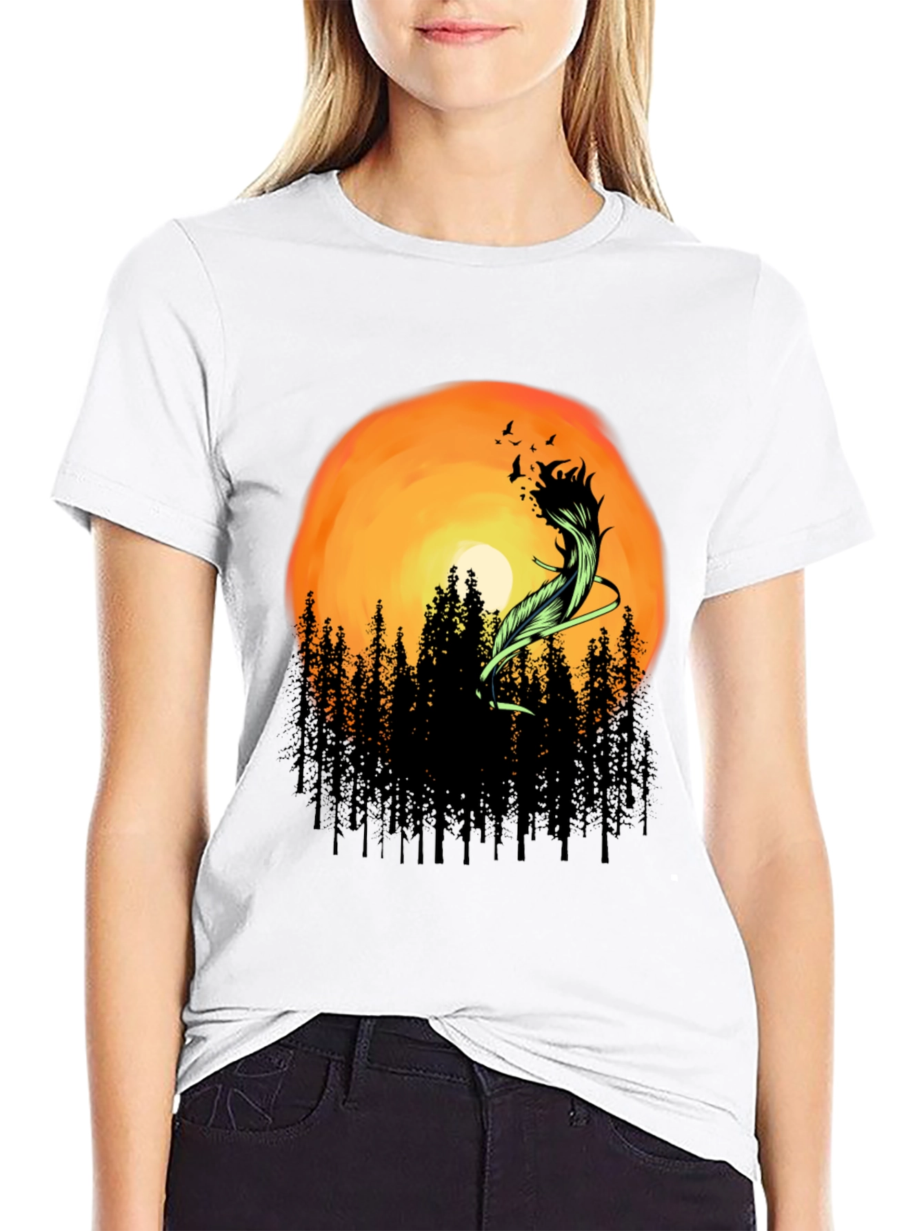 Sunset Forest Feather Graphic T-Shirt
