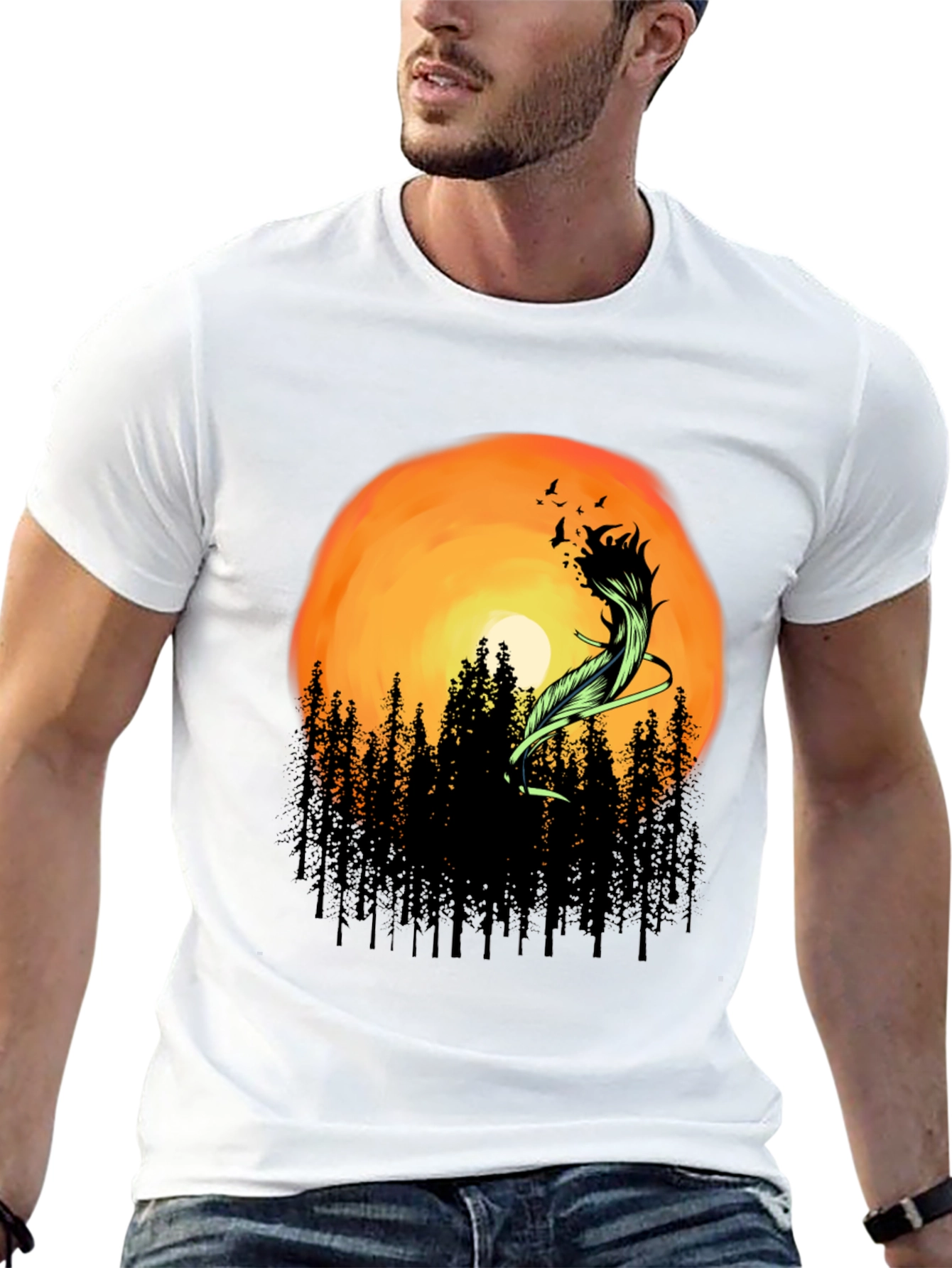 Sunset Forest Feather Graphic T-Shirt