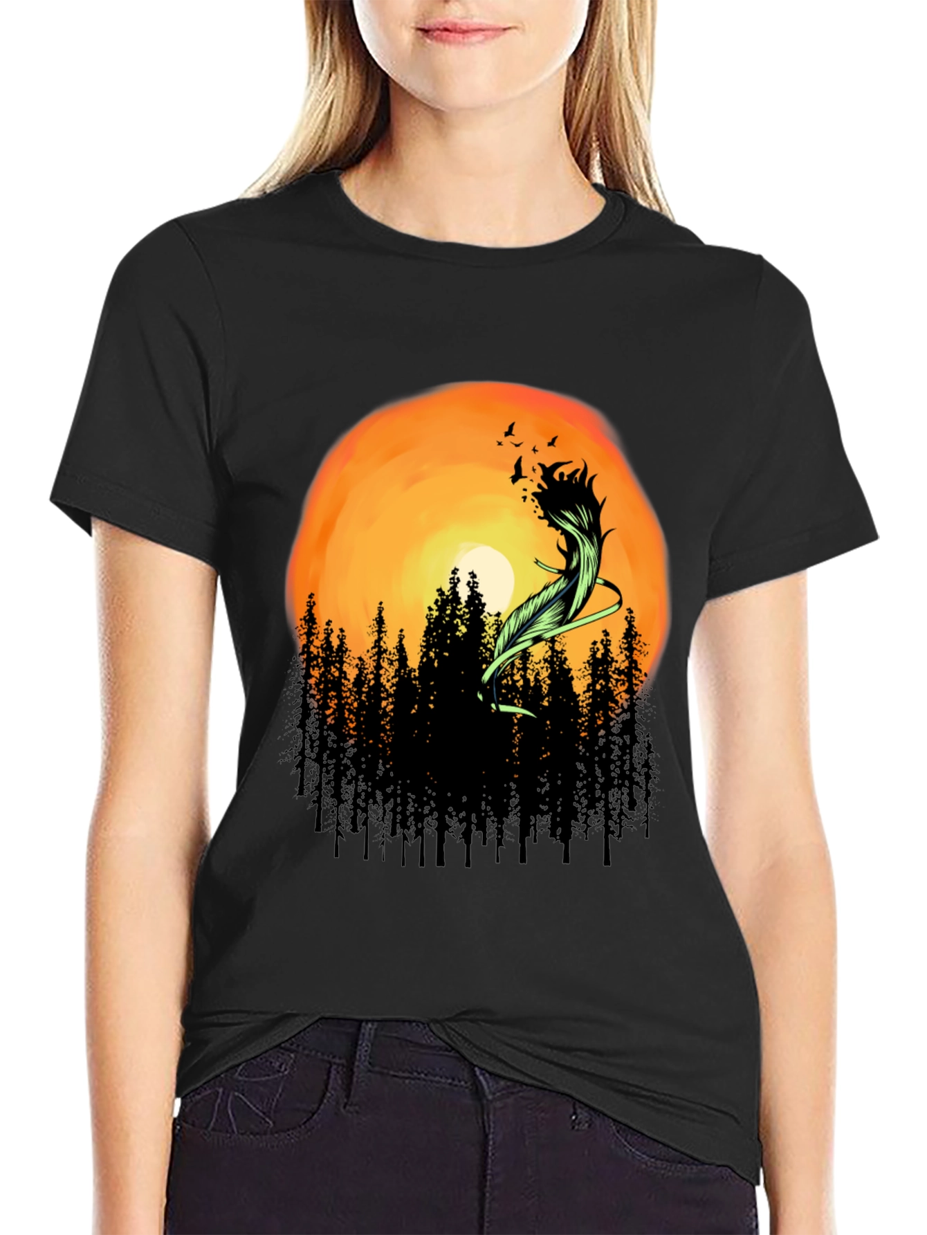 Sunset Forest Feather Graphic T-Shirt