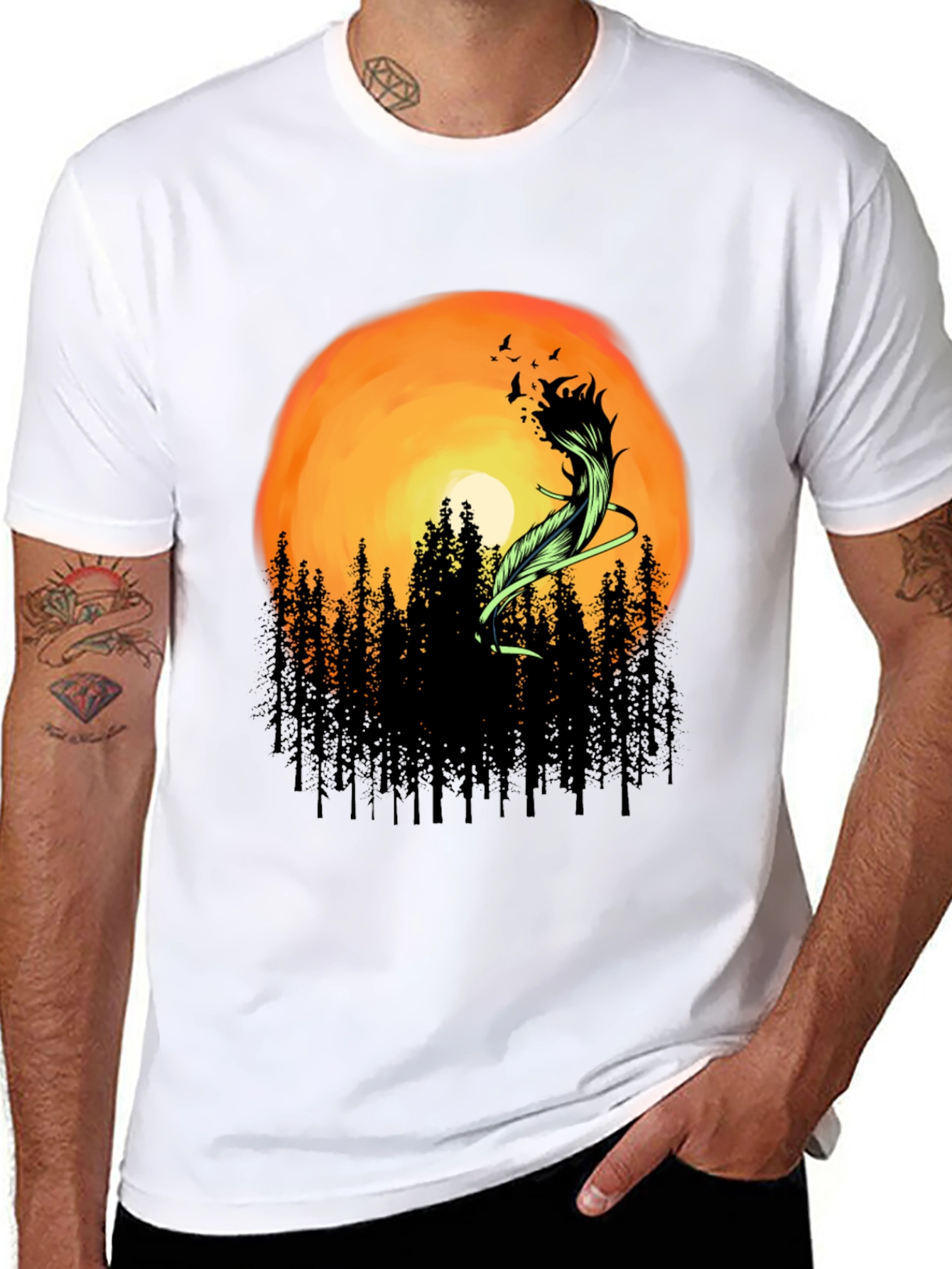 Sunset Forest Feather Graphic T-Shirt