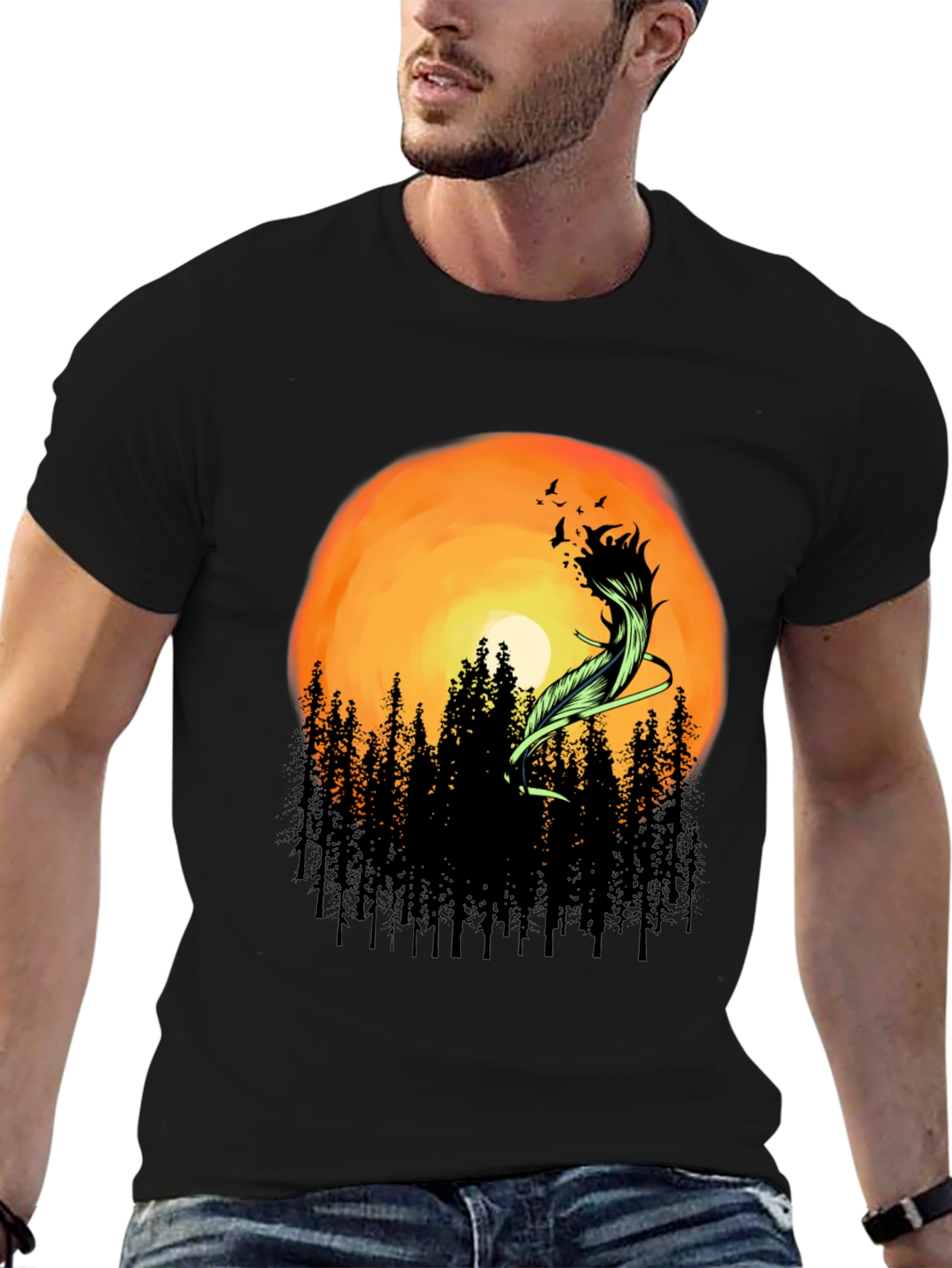 Sunset Forest Feather Graphic T-Shirt