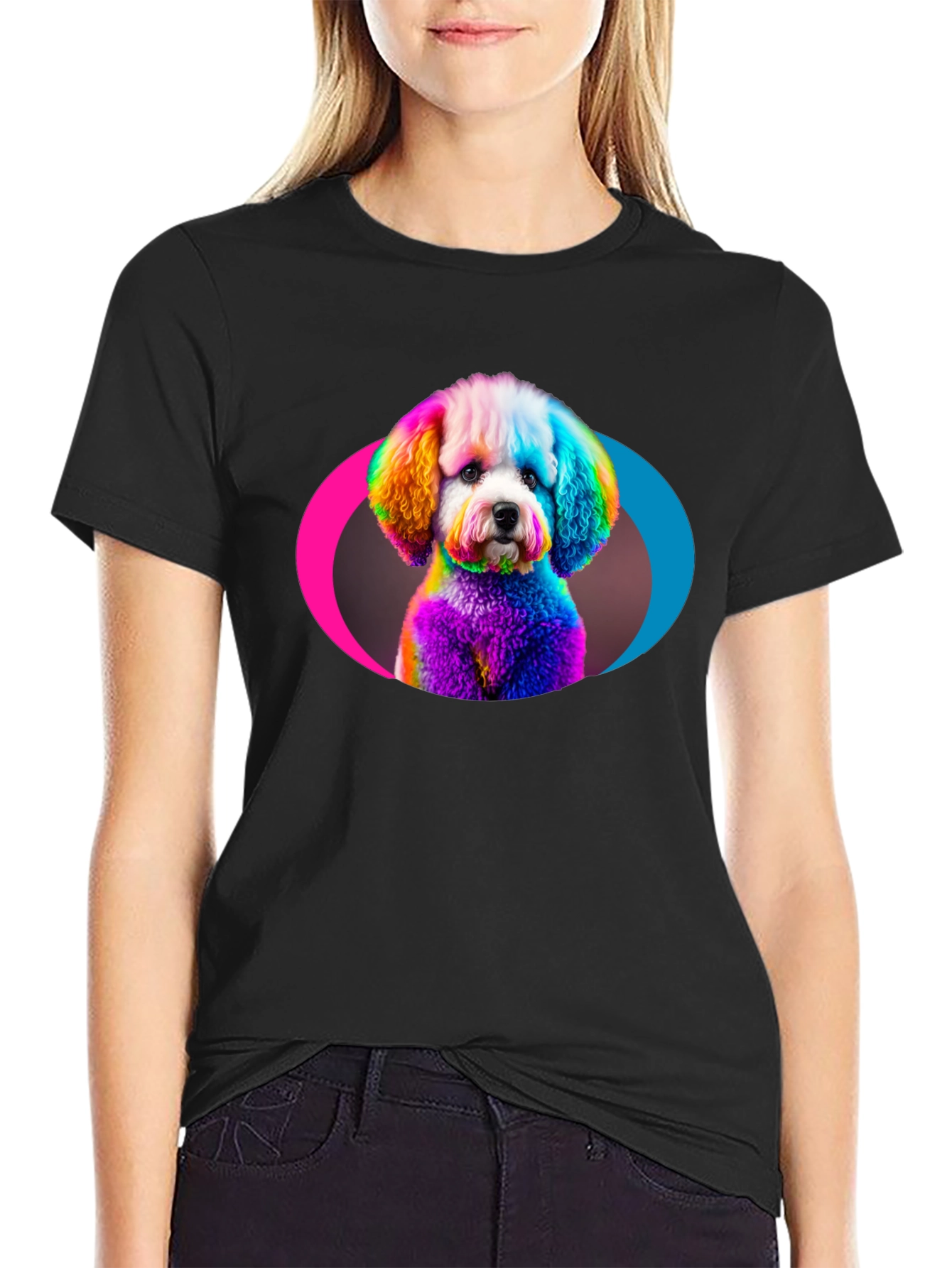 Rainbow Poodle Graphic Black T-Shirt
