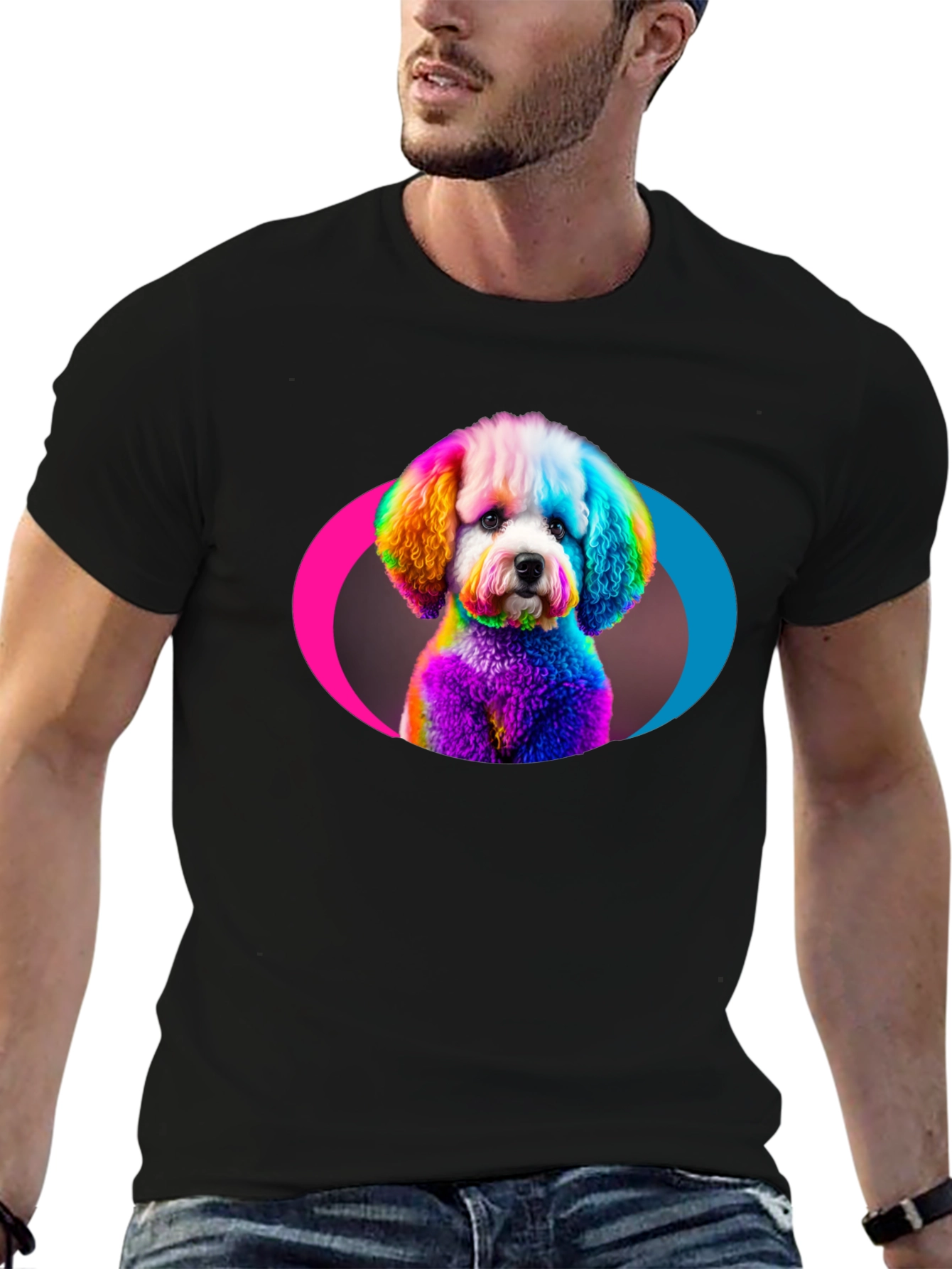Rainbow Poodle Graphic Black T-Shirt