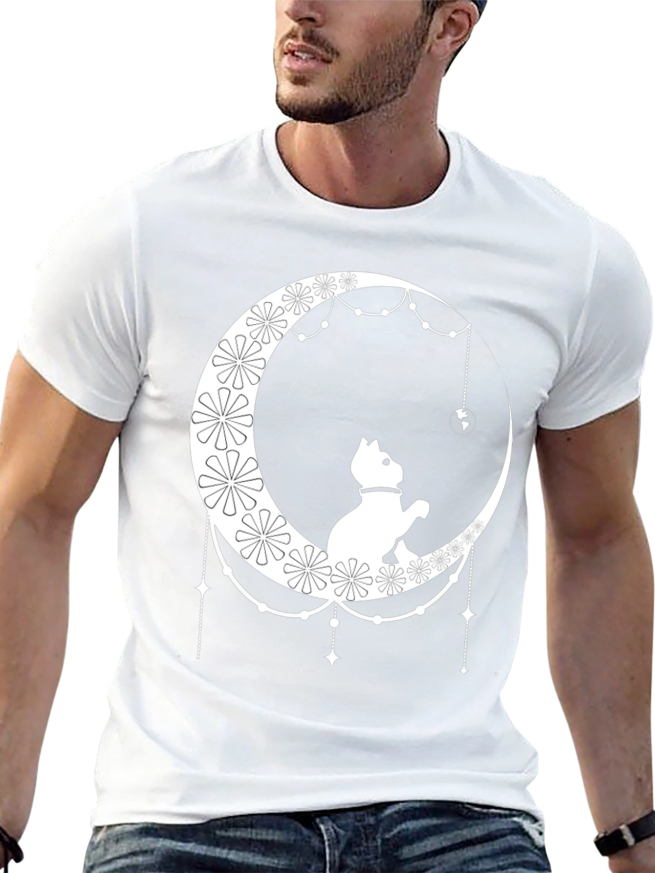 Cat on Moon Graphic Tee - Stylish Black T-Shirt