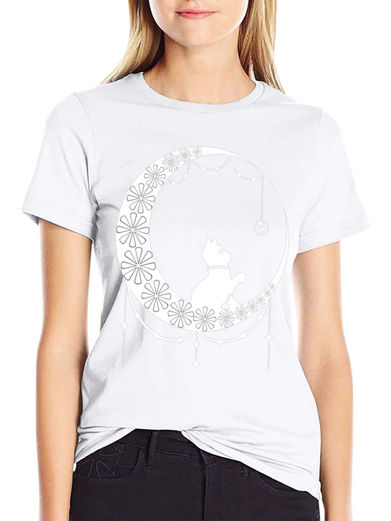 Cat on Moon Graphic Tee - Stylish Black T-Shirt