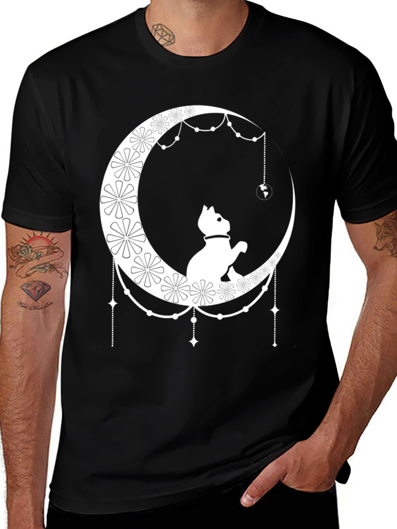Cat on Moon Graphic Tee - Stylish Black T-Shirt