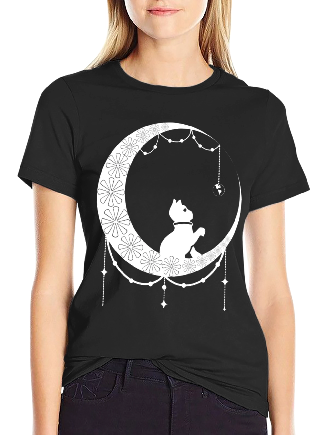 Cat on Moon Graphic Tee - Stylish Black T-Shirt