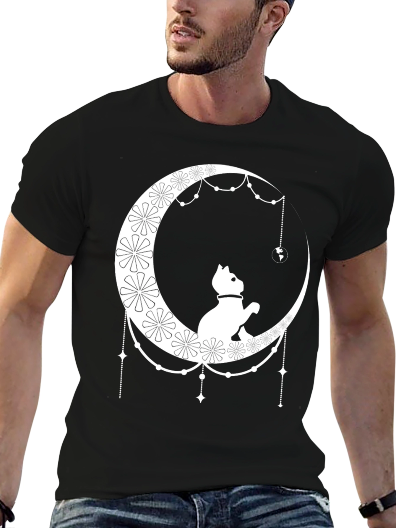 Cat on Moon Graphic Tee - Stylish Black T-Shirt