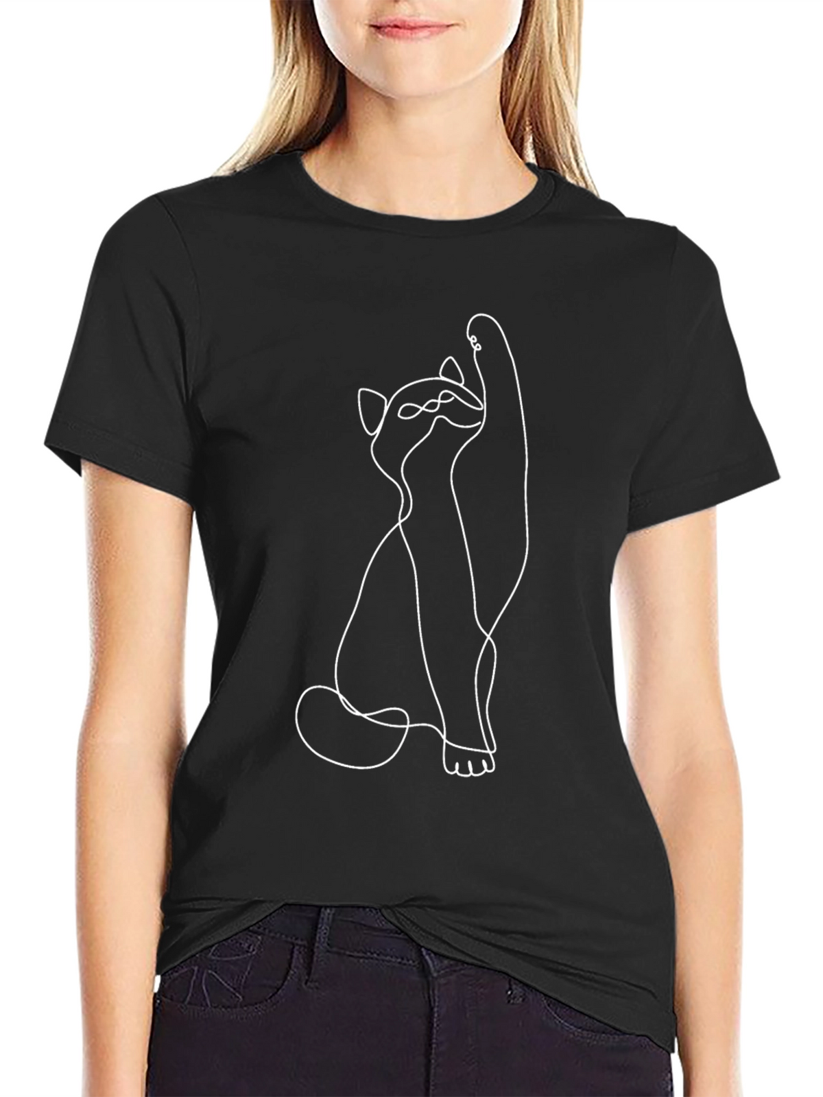Minimalist Cat Line Art Black T-Shirt