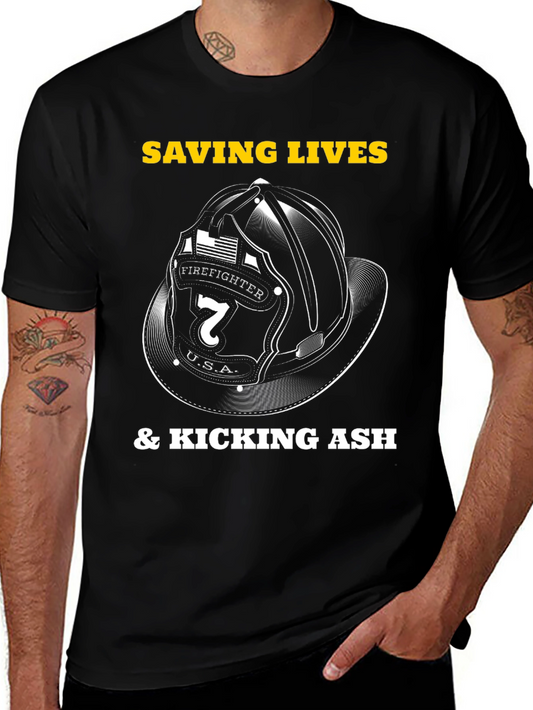 Saving Lives Firefighter Helmet Graphic Tee