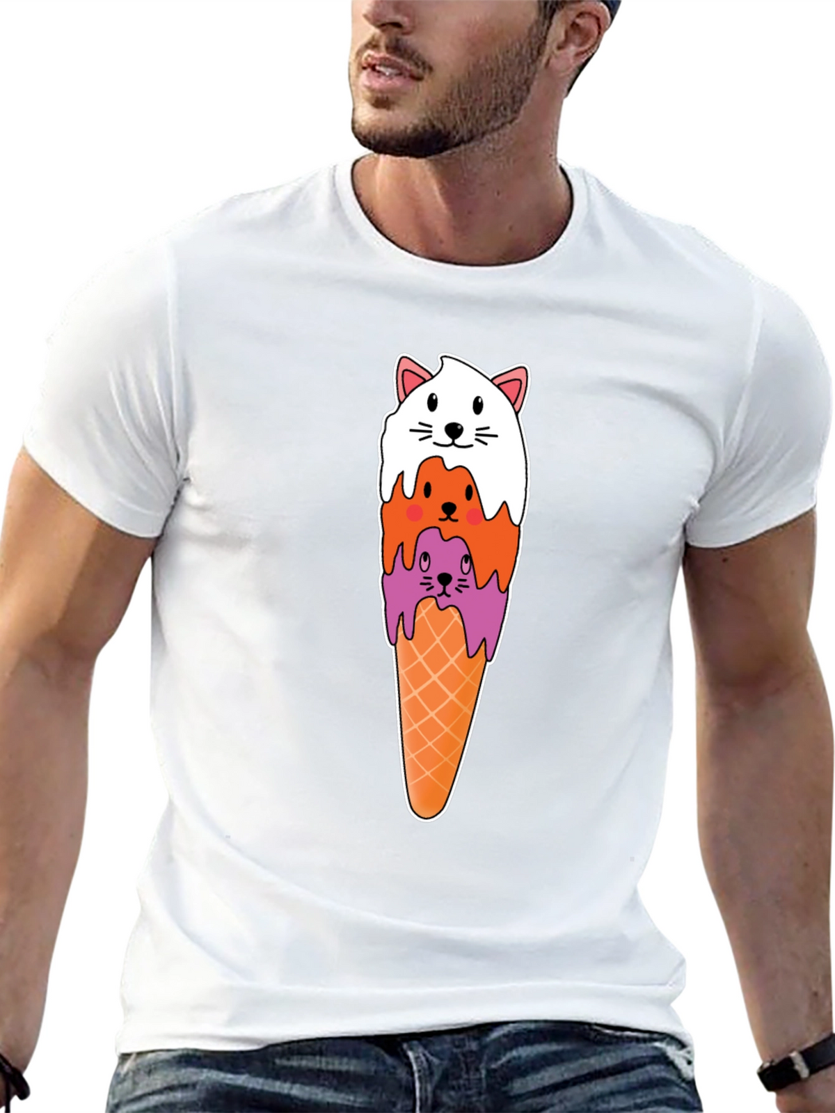 Cat Ice Cream Cone Black T-Shirt