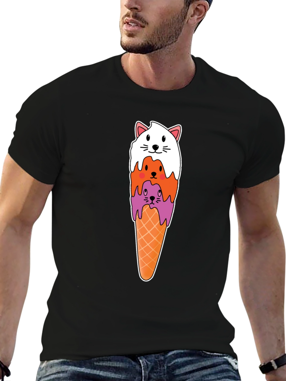 Cat Ice Cream Cone Black T-Shirt
