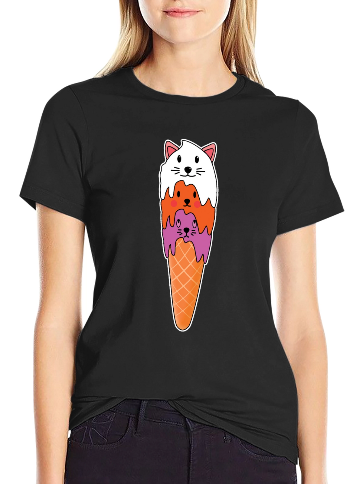 Cat Ice Cream Cone Black T-Shirt